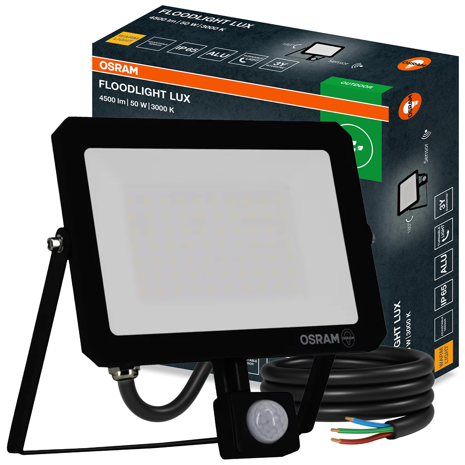 Naświetlacz LED Halogen Zewnętrzny Reflektor 50W 3000K 4500lm IP65 z Czujnikiem Ruchu i Zmierzchu SENSOR FLOODLIGHT LUX OSRAM - główne zdjęcie produktu