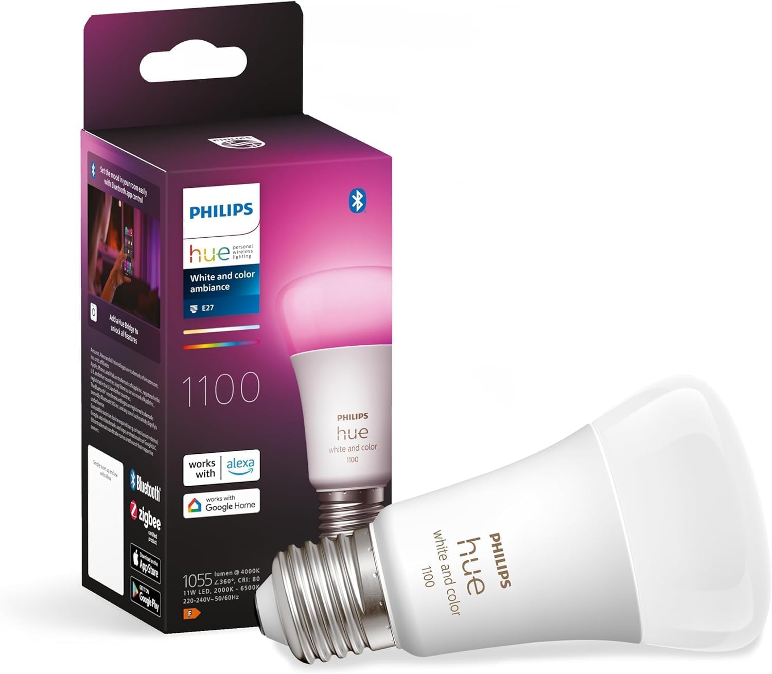 Żarówka LED E27 A60 11W = 75W 1100lm 2000-6500K CCT + RGB SMART Inteligentna Bluetooth ZigBee White and Color Ambiance Philips HUE - główne zdjęcie produktu