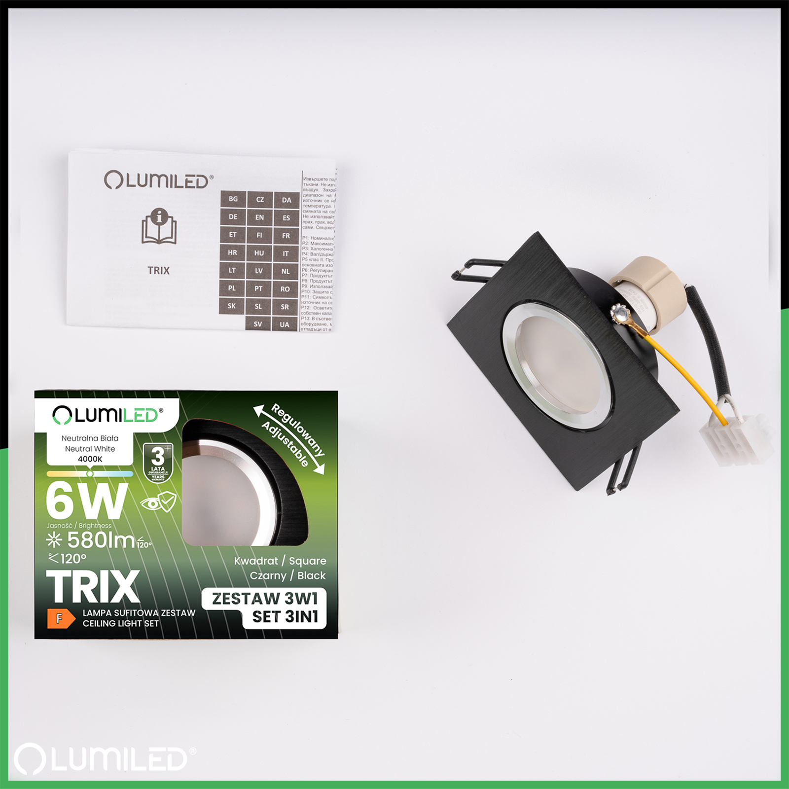 Oprawa Halogenowa Podtynkowa Kwadratowa Ruchoma TRIX 3w1 GU10 6W 4000K Czarny LUMILED - skład produktu