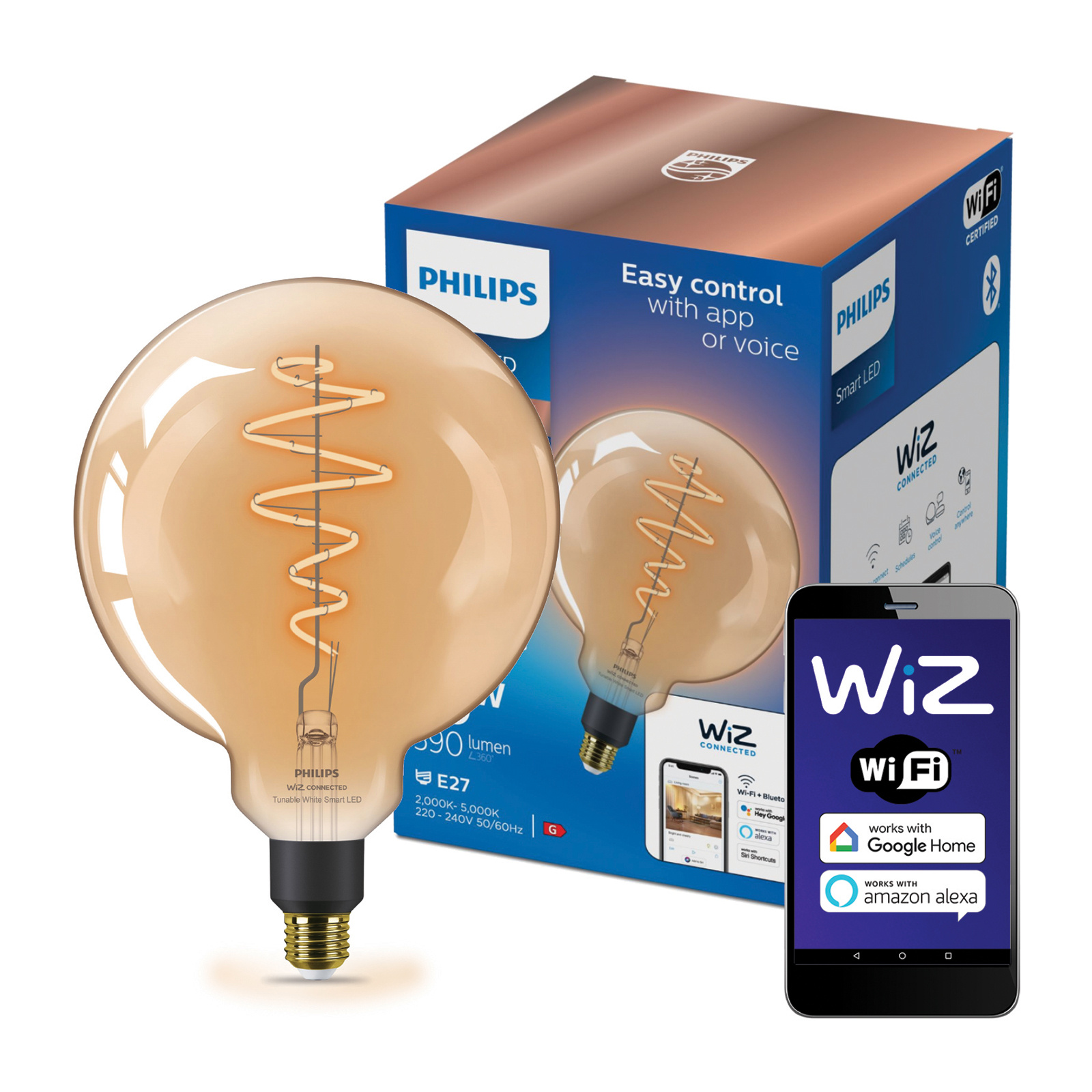 Żarówka LED E27 Kula G200 6W = 25W 390lm 2000-5000K TW FILAMENT Bursztynowa Inteligentna SMART WiFi Bluetooth Aplikacja WiZ Philips - główne zdjęcie produktu