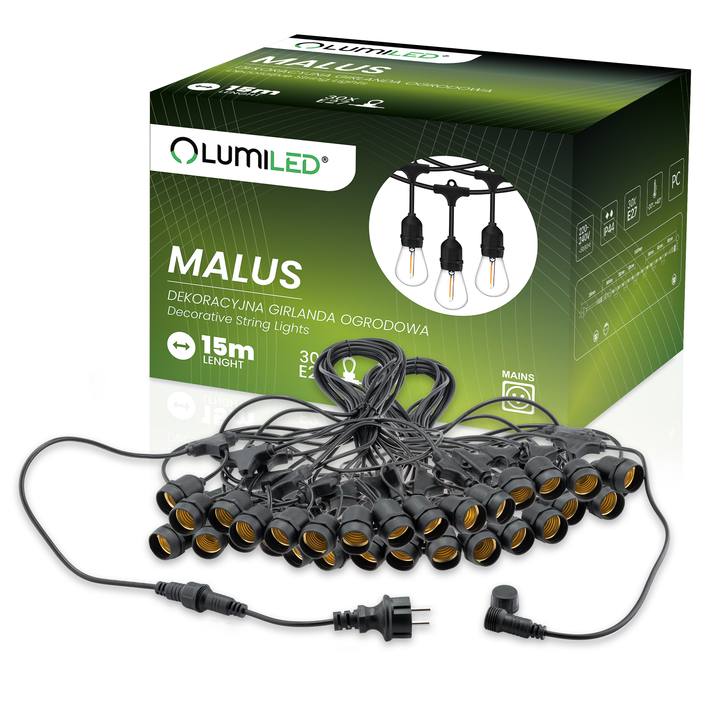 Girlanda Ogrodowa Zewnętrzna MALUS Łańcuch Świetlny 15m 30x E27 LUMILED - główne zdjęcie produktu