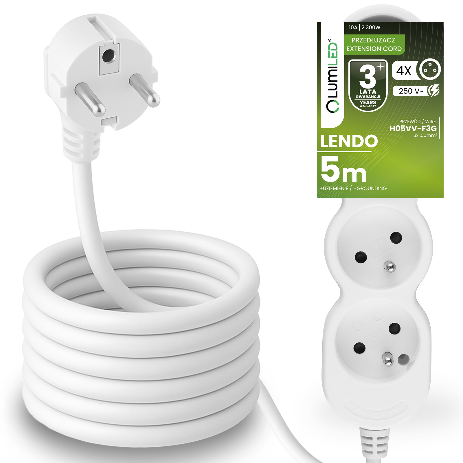Przedłużacz Sieciowy Kabel z Uziemieniem Listwa Zasilająca 4 Gniazda 5m Biały Sznur Lendo Lumiled - główne zdjęcie produktu