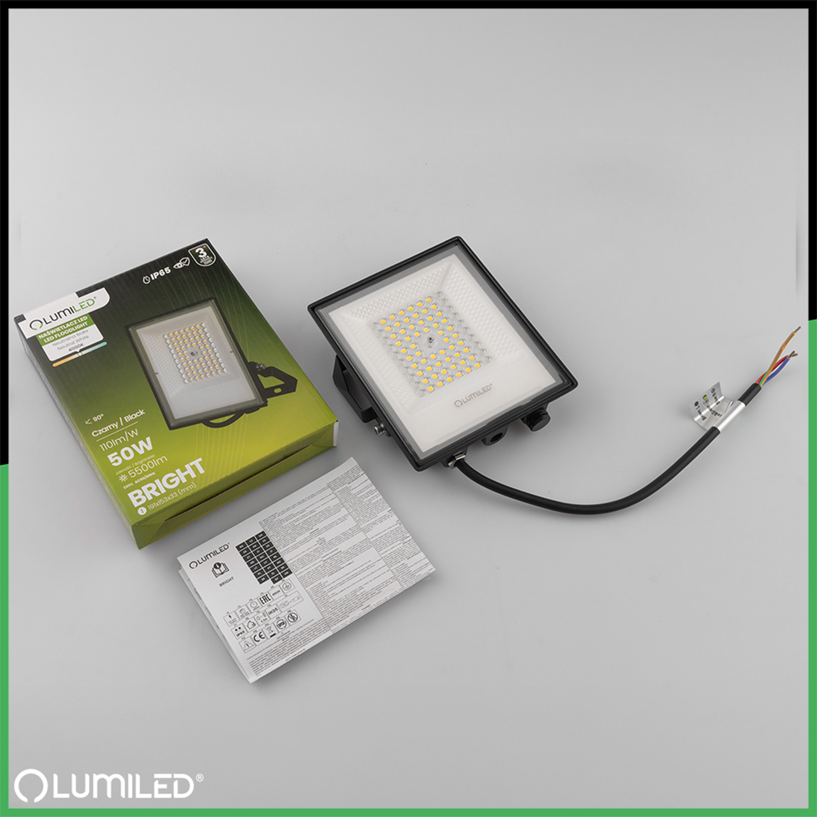 Naświetlacz LED Zewnętrzny BRIGHT Wodoodporny 50W 5500lm 4000K IP65 LUMILED - skład produktu