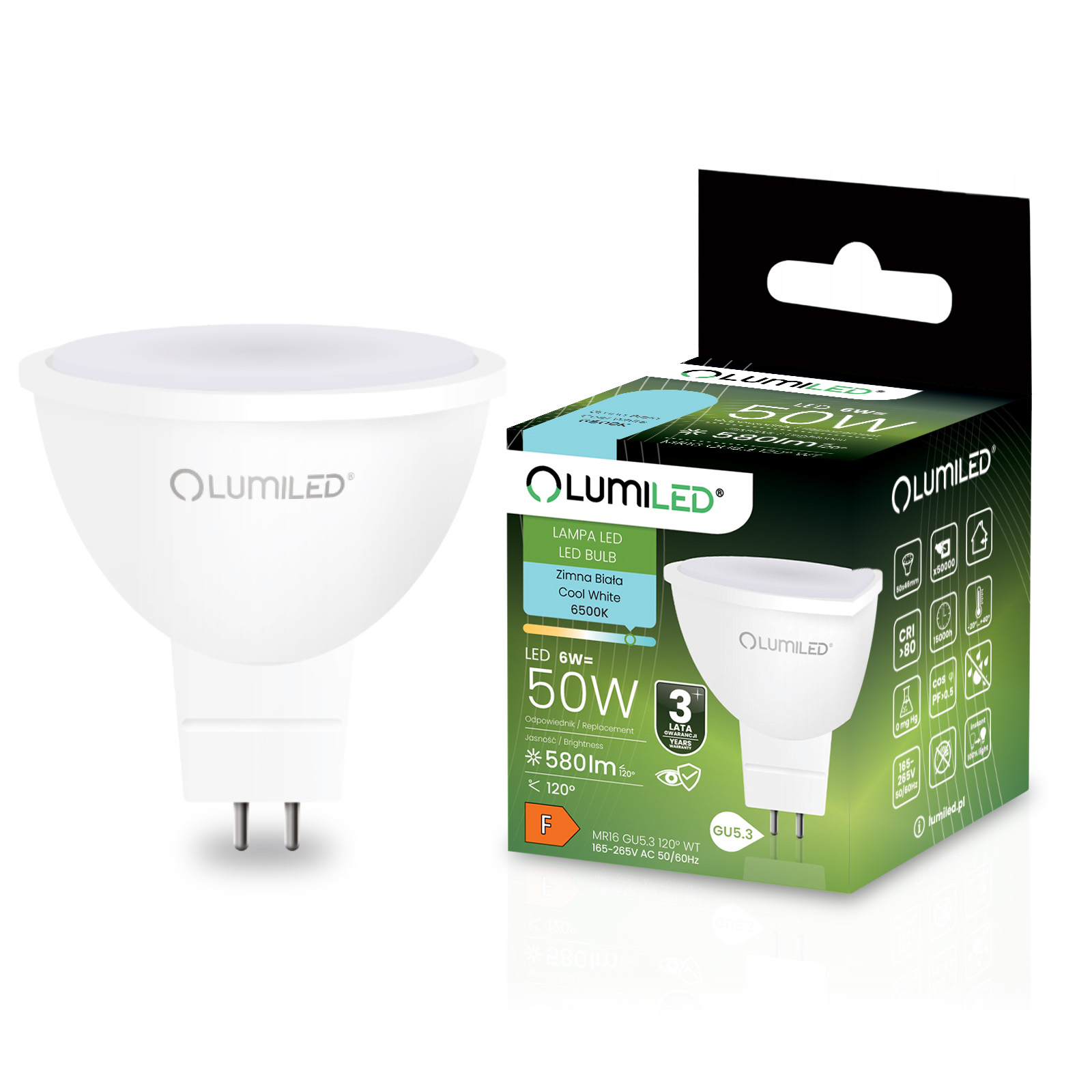 Żarówka LED GU5.3 Reflektor MR16 6W = 50W 580lm 6500K Zimna 120° LUMILED - główne zdjęcie produktu