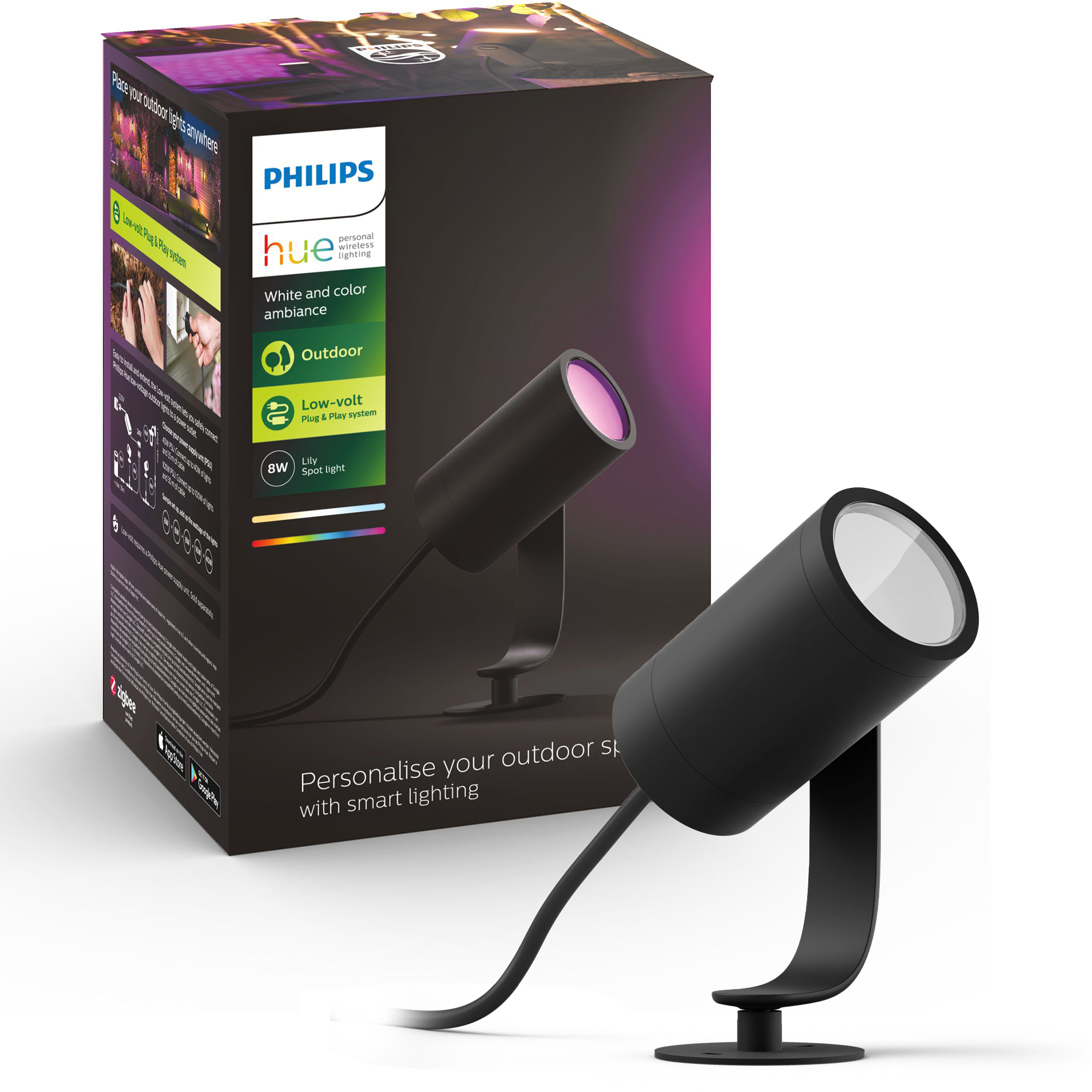 Reflektor Ogrodowy Wbijany LED 8W 590lm IP65 White and Color Ambiance RGB + TW Czarna Inteligentna SMART Zigbee Bluetooth Lily Philips HUE - główne zdjęcie produktu