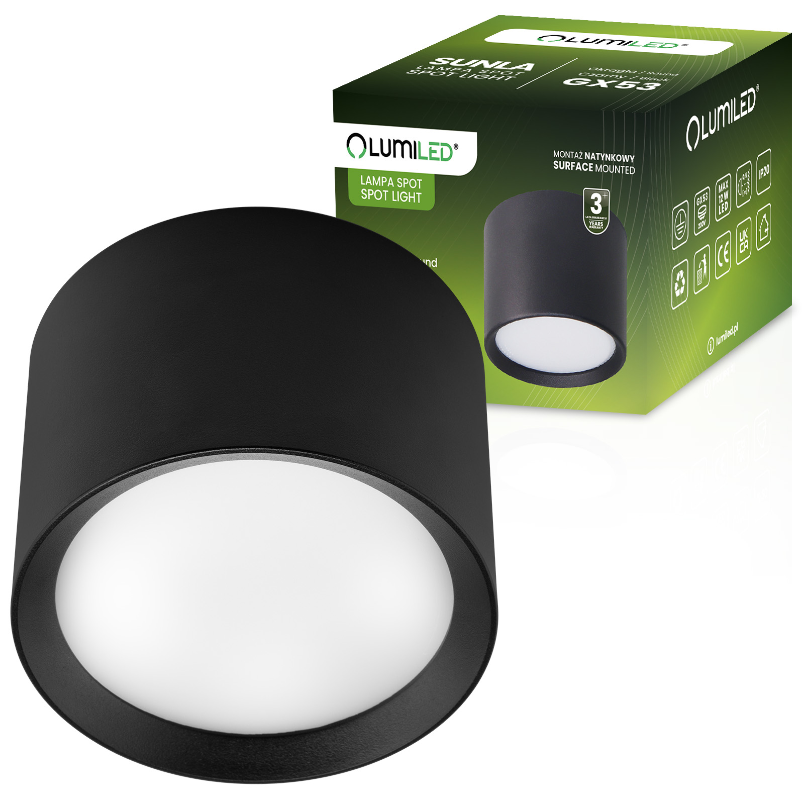 Oprawa HALOGENOWA Natynkowa SUNLA Tuba Gx53 LED Spot Kinkiet Sufitowa Walec Czarny LUMILED - główne zdjęcie produktu