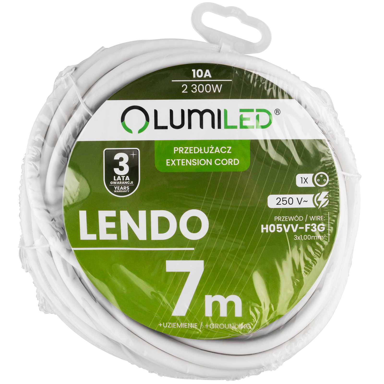 Przedłużacz Sieciowy Kabel z Uziemieniem Listwa Zasilająca 1 Gniazdo 7m Biały Sznur Lendo Lumiled - skład produktu