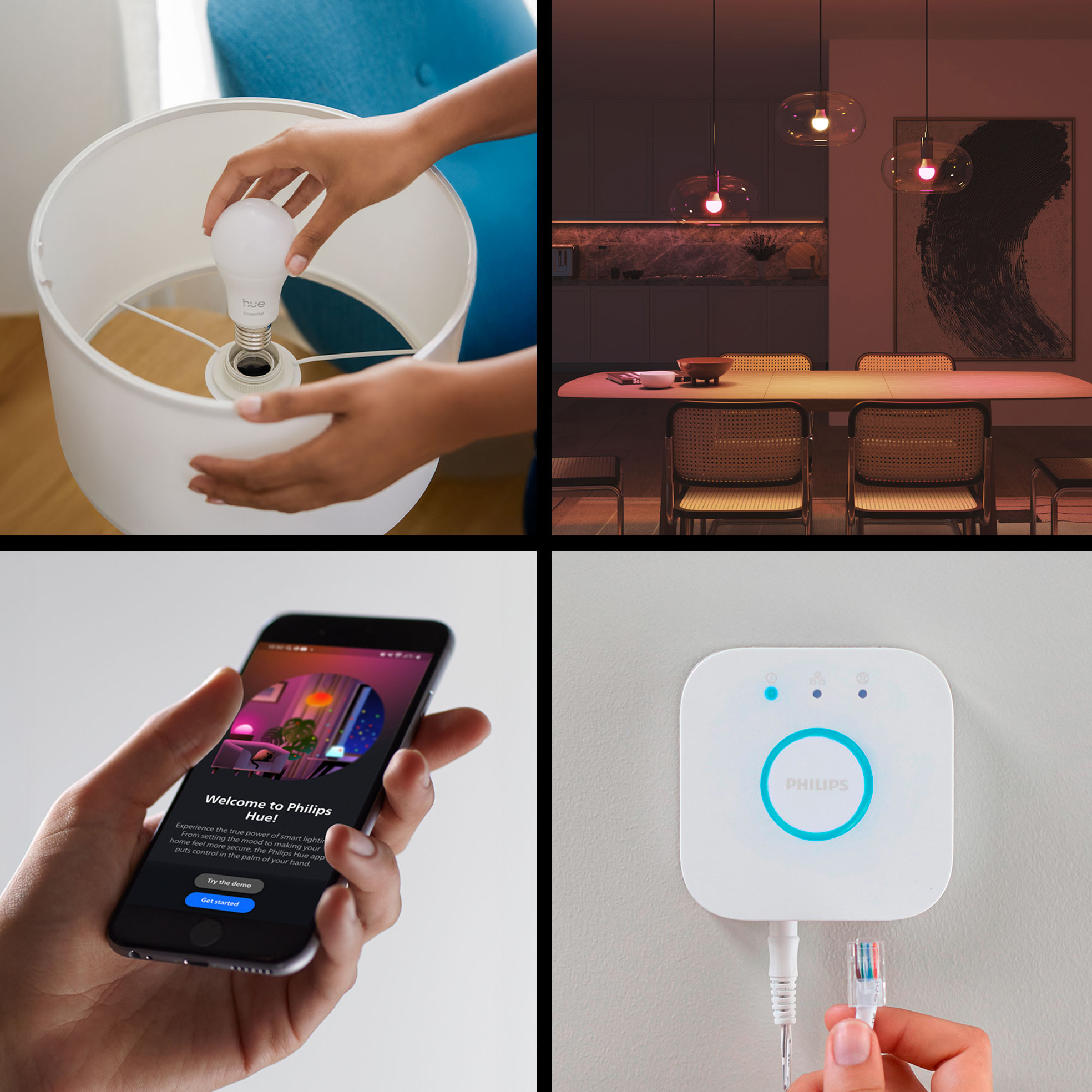 2x Żarówka LED E27 A60 8W = 60W 806lm 2200-6500K CCT + RGB SMART Inteligentna Bluetooth ZigBee White and Color Ambiance + Mostek Bridge Zestaw Startowy Philips HUE Essential - czwarta cecha produktu