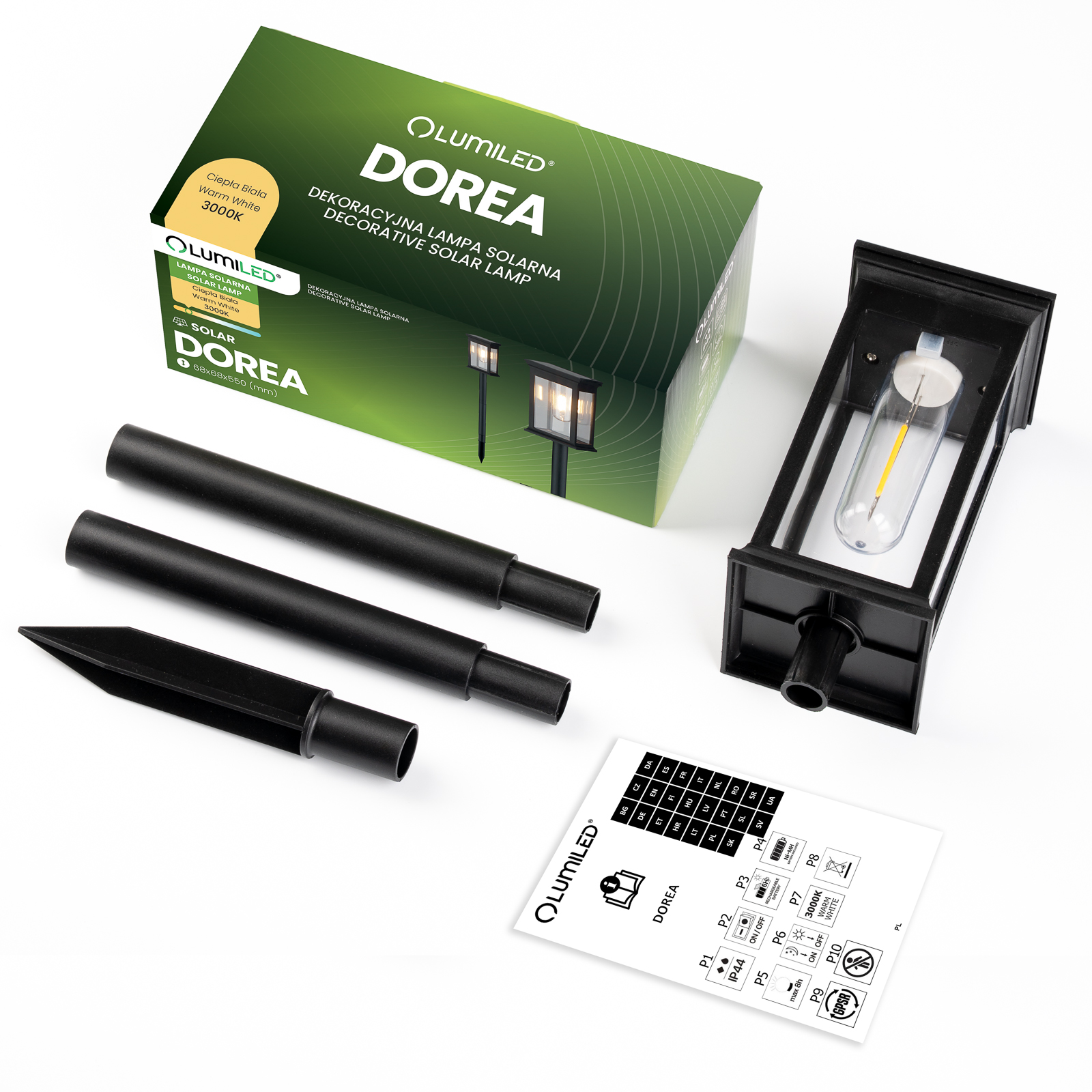 Lampa Solarna LED DOREA Ogrodowa Zewnętrzna Wbijana IP44 Ozdobna Lampka Słupek LUMILED - skład produktu
