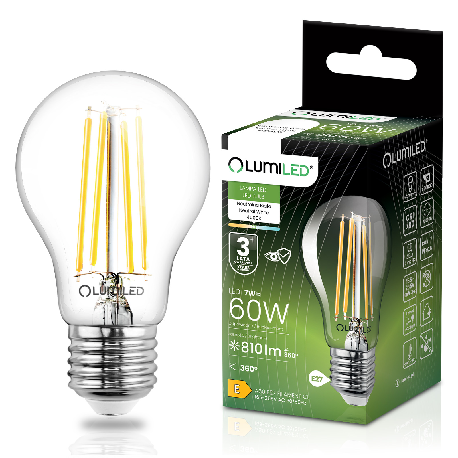 Żarówka LED E27 A60 7W = 60W 810lm 4000K Neutralna 360° FILAMENT LUMILED - główne zdjęcie produktu