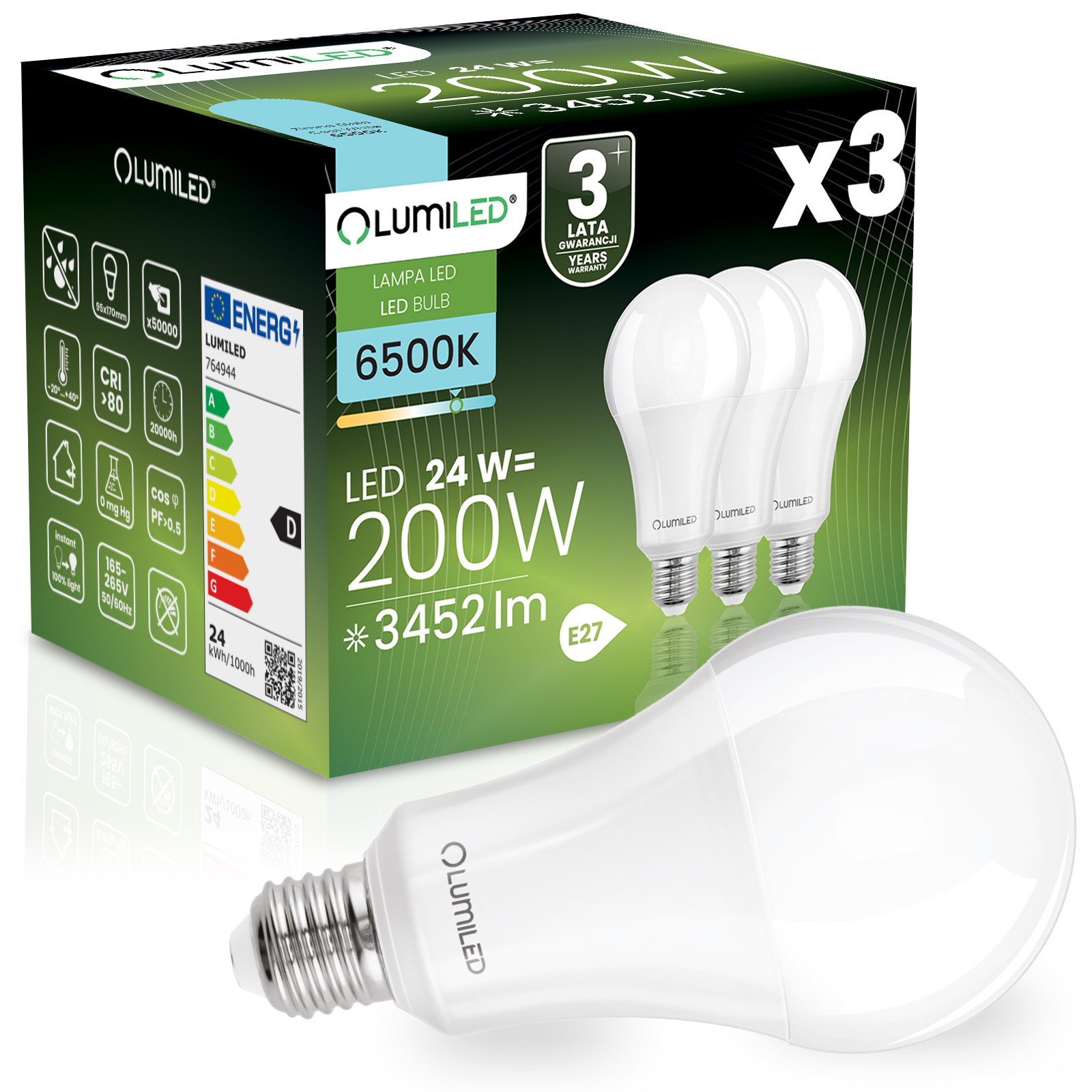 3x Żarówka LED E27 A95 24W = 200W 3452lm 6500K Zimna 260° LUMILED - główne zdjęcie produktu