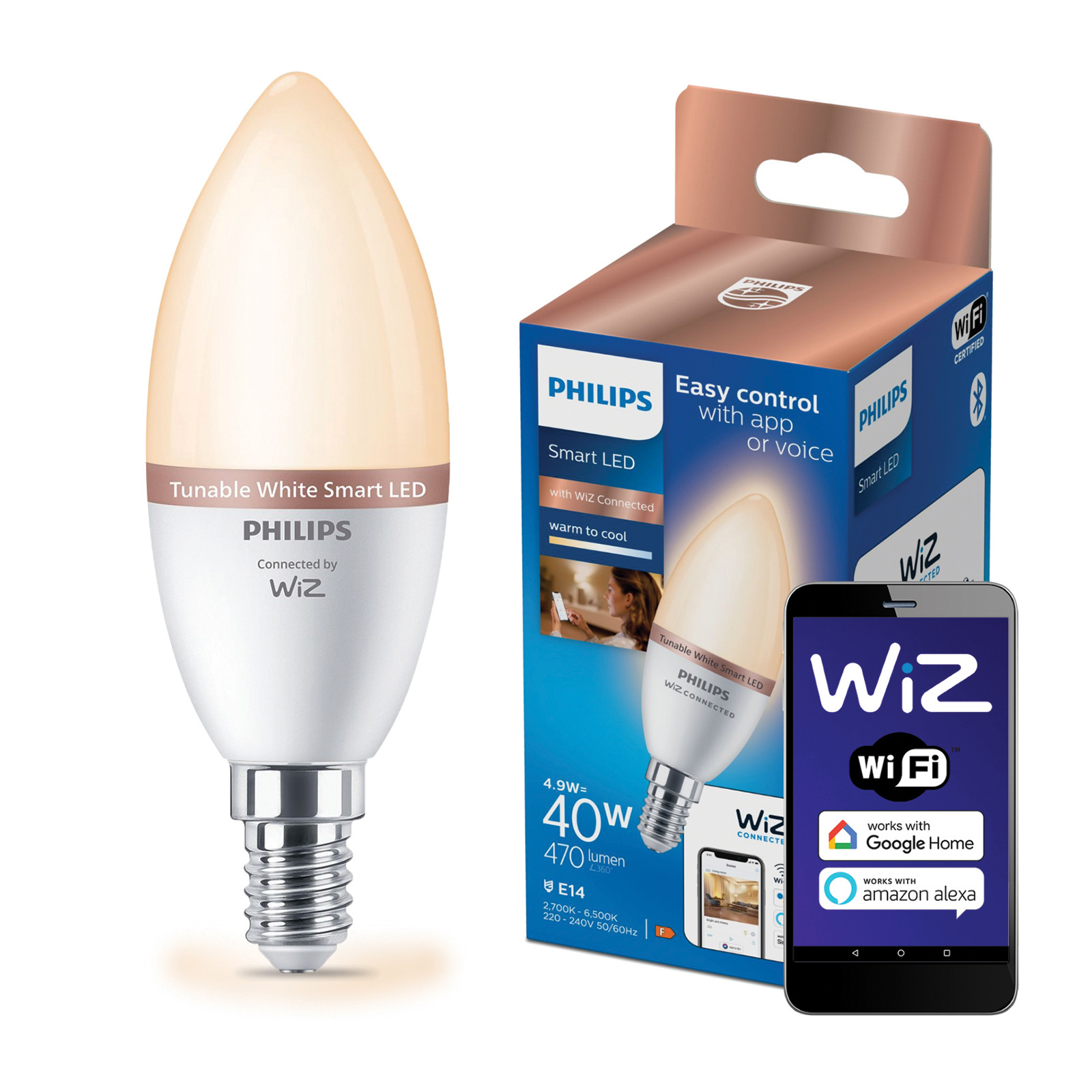 Żarówka LED E14 Świeczka C37 4.9W = 40W 470lm 2700-6500K TW Inteligentna SMART WiFi Bluetooth Aplikacja WiZ Philips - główne zdjęcie produktu