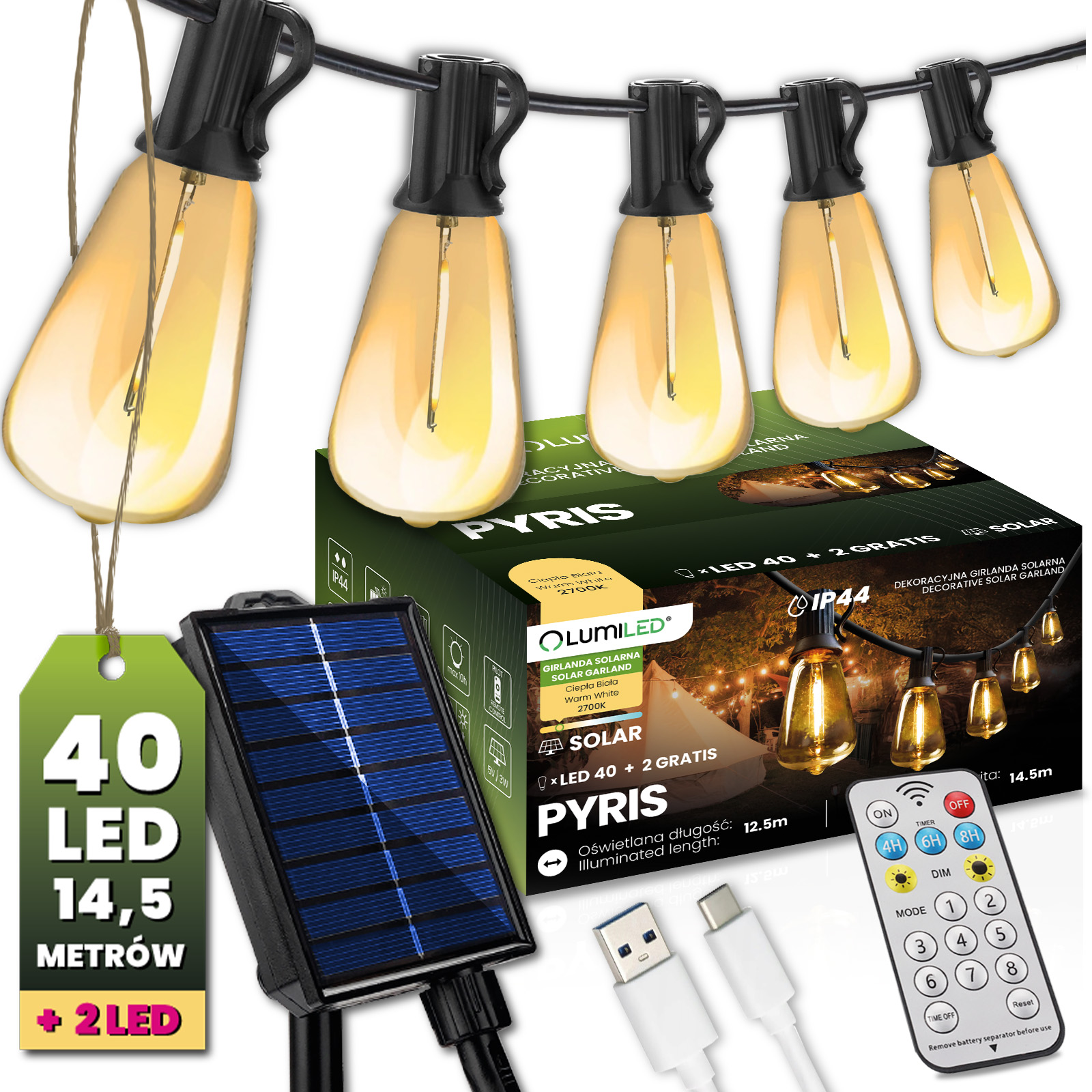 Girlanda Solarna Ogrodowa 40x LED Ozdobne Żarówki 14,5m 2700K Ciepła + Pilot PYRIS LUMILED - główne zdjęcie produktu