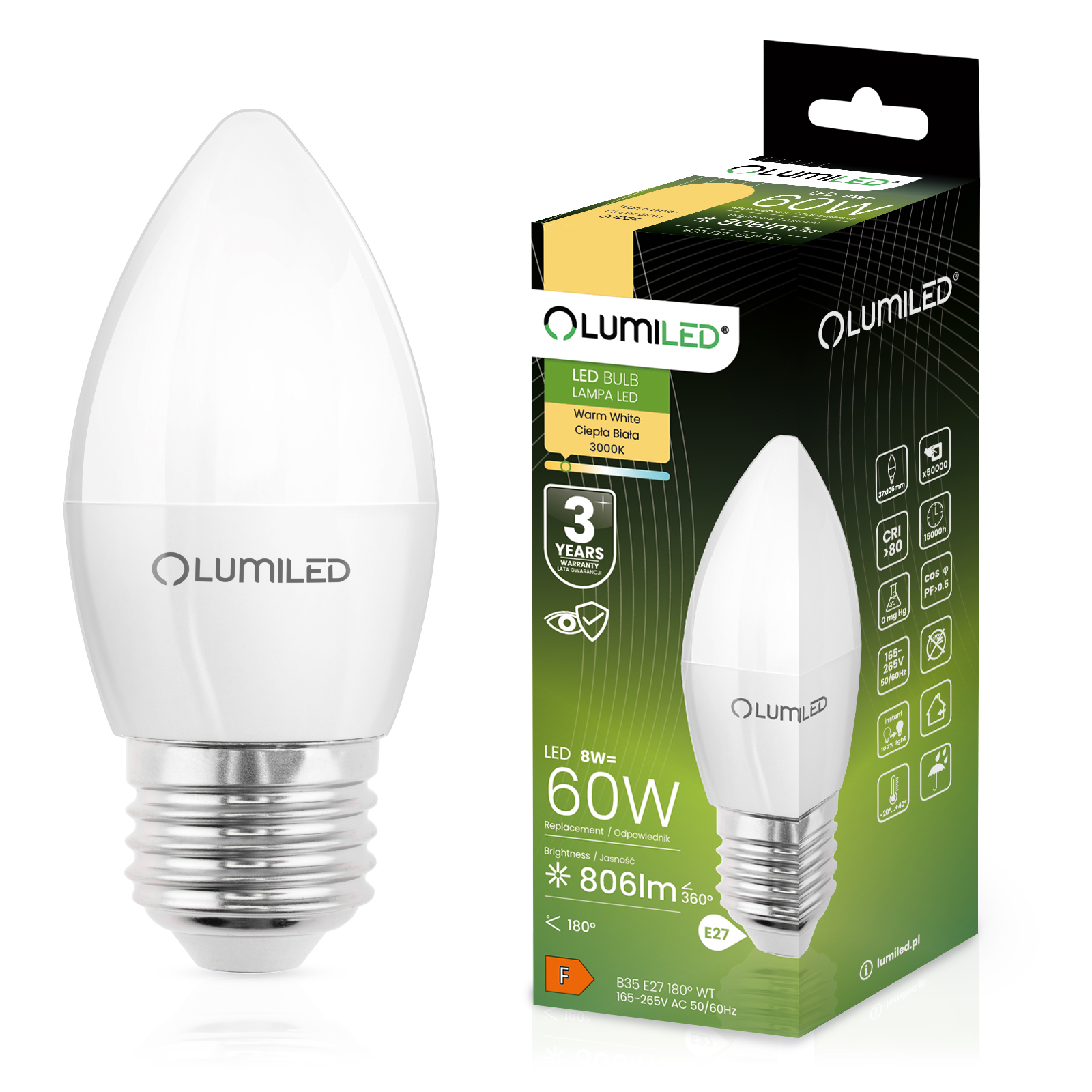 Żarówka LED E27 Świeczka B35 8W = 60W 806lm 3000K Ciepła 180° LUMILED - główne zdjęcie produktu