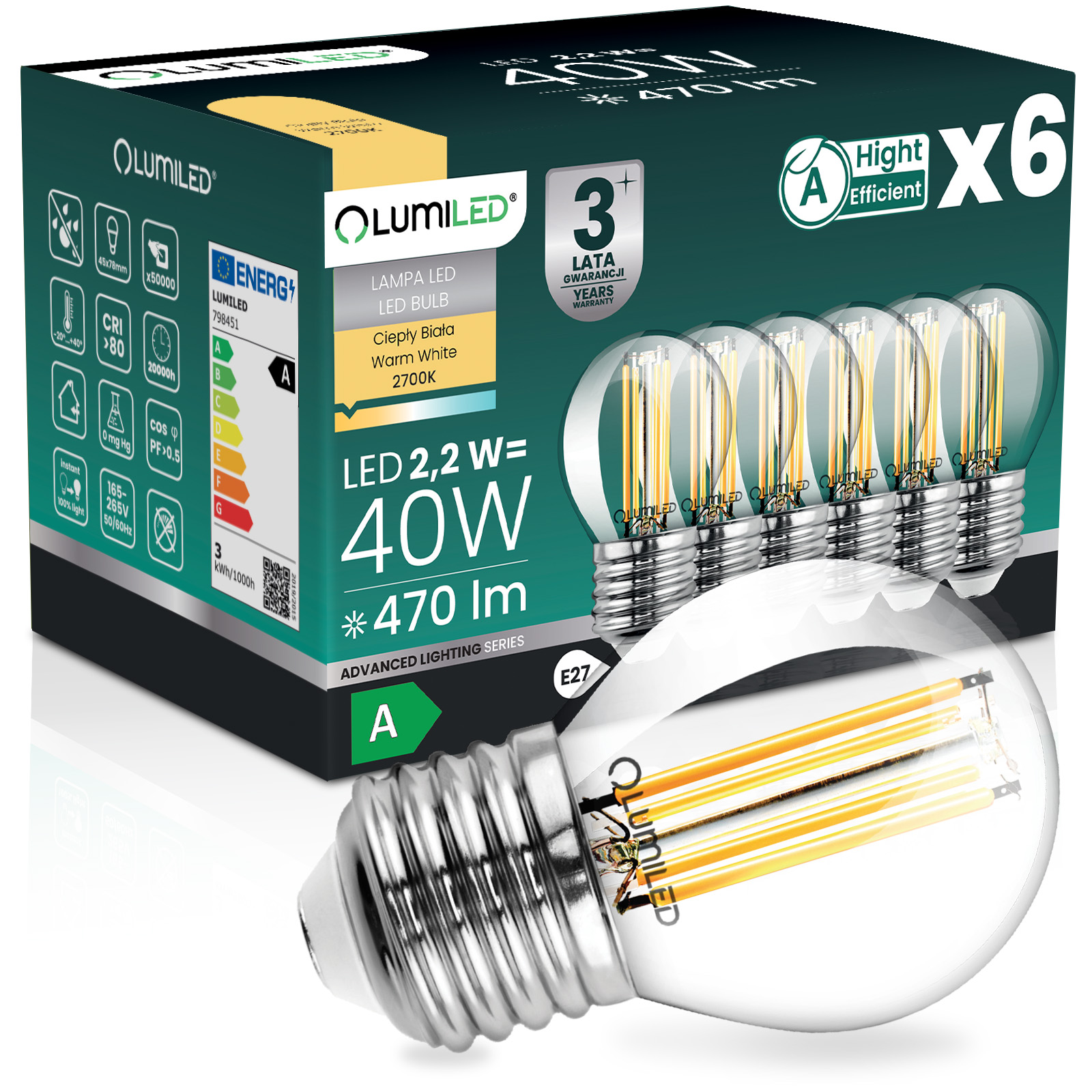 6x Żarówka LED E27 Kulka P45 2,2W 470lm = 40W 2700K Ciepła 360° Filament KLASA A LUMILED - główne zdjęcie produktu