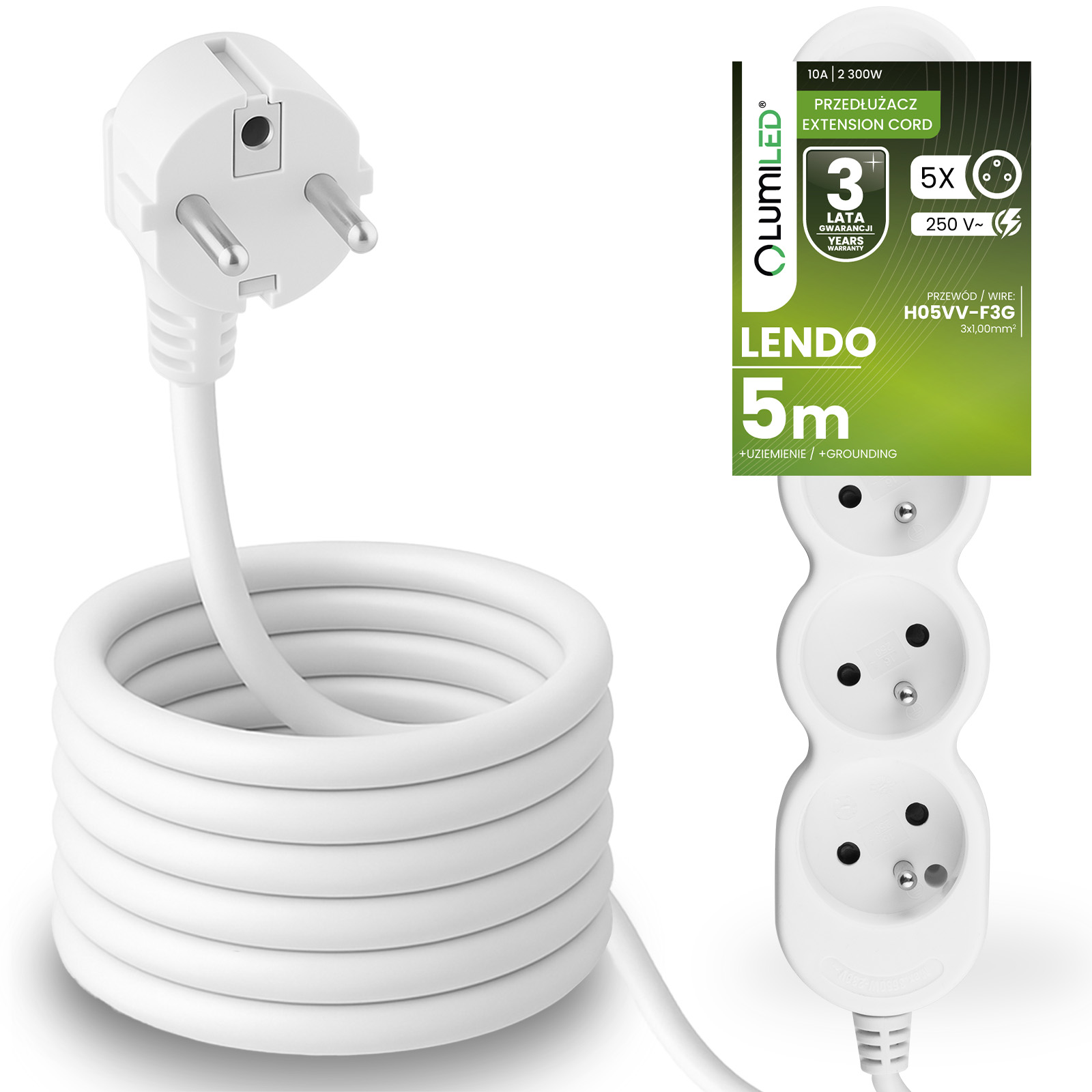Przedłużacz Sieciowy Kabel z Uziemieniem Listwa Zasilająca 5 Gniazda 5m Biały Sznur Lendo Lumiled - główne zdjęcie produktu