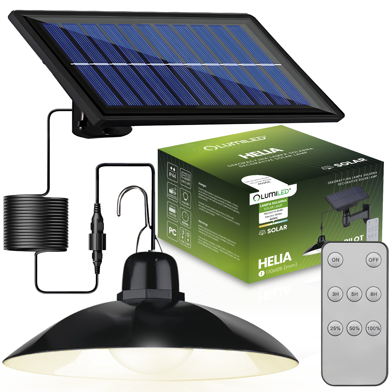 Lampa Solarna LED Zewnętrzna Ogrodowa 4000K IP44 + Pilot HELIA LUMILED - główne zdjęcie produktu