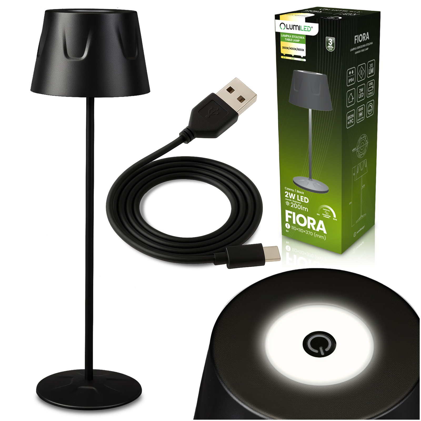 Lampa Ogrodowa LED Stojąca Ozdobna Stołowa Nocna USB Ściemnialna Dotykowa Czarna FIORA LUMILED - główne zdjęcie produktu