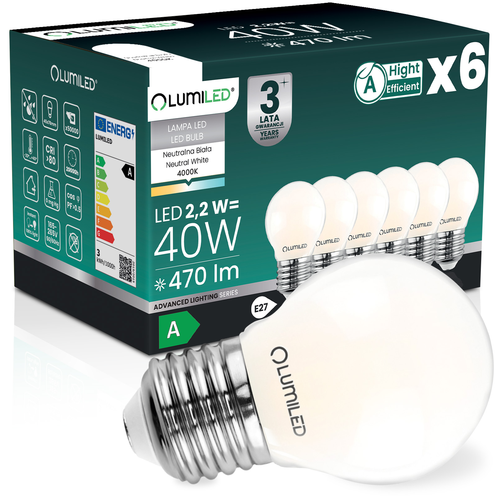 6x Żarówka LED E27 Kulka P45 2,2W 470lm = 40W 4000K Neutrana 360° Filament KLASA A LUMILED - główne zdjęcie produktu