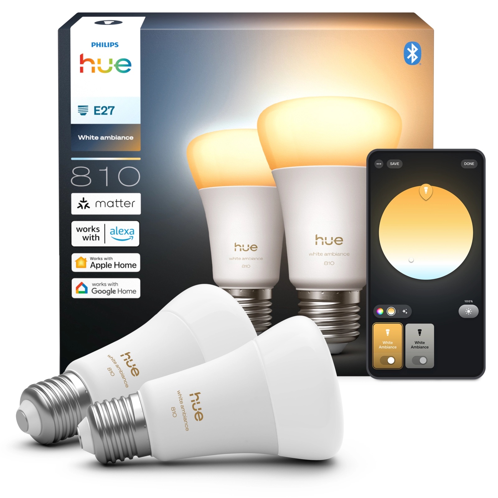 2x Żarówka LED E27 A60 6W = 60W 810lm 1800-20000K CCT SMART Inteligentna Bluetooth ZigBee White Ambiance Philips HUE - główne zdjęcie produktu