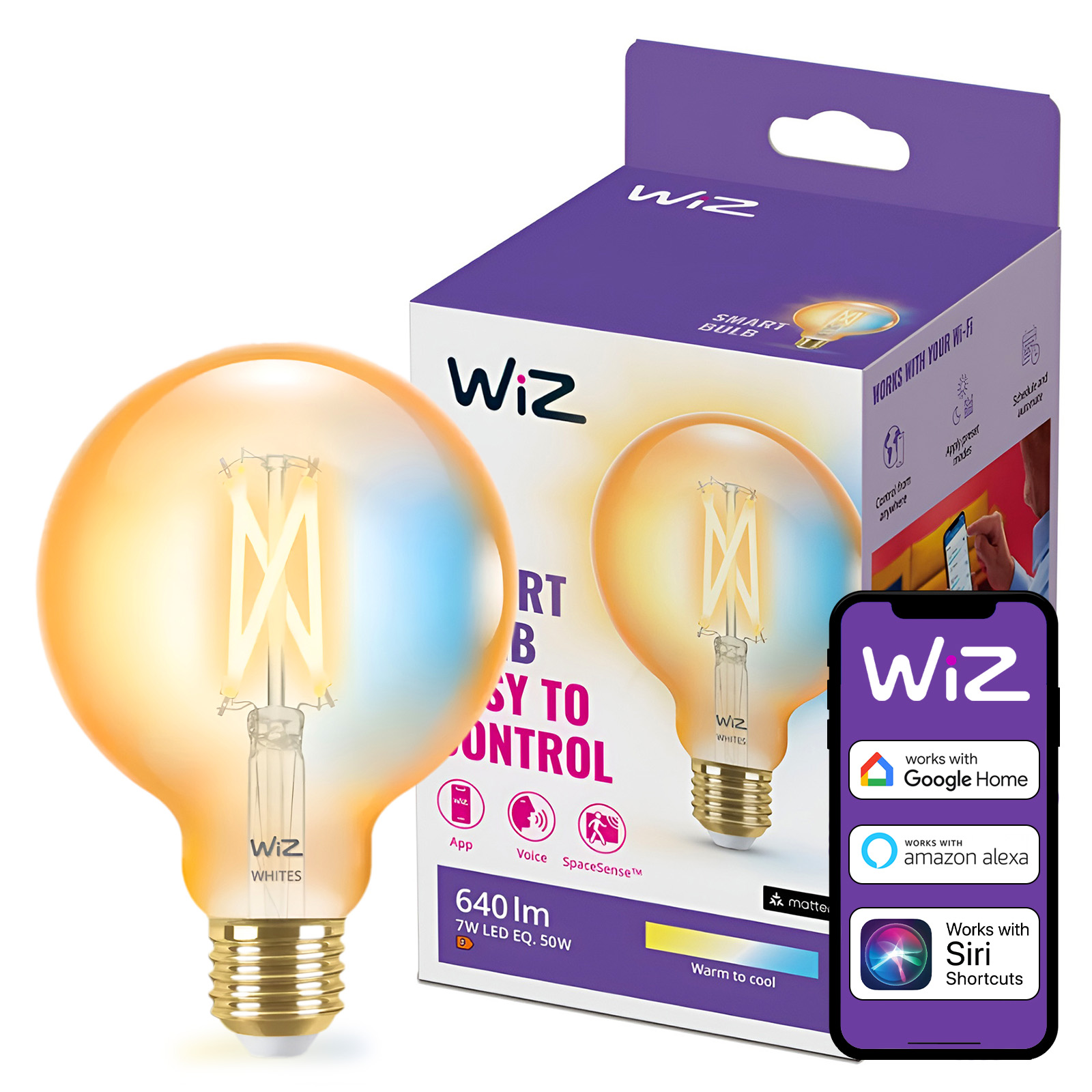 Żarówka LED E27 Kula G95 7W = 50W 640lm 2000-5000K TW FILAMENT Bursztynowa Inteligentna SMART WiFi Bluetooth Aplikacja WiZ - główne zdjęcie produktu