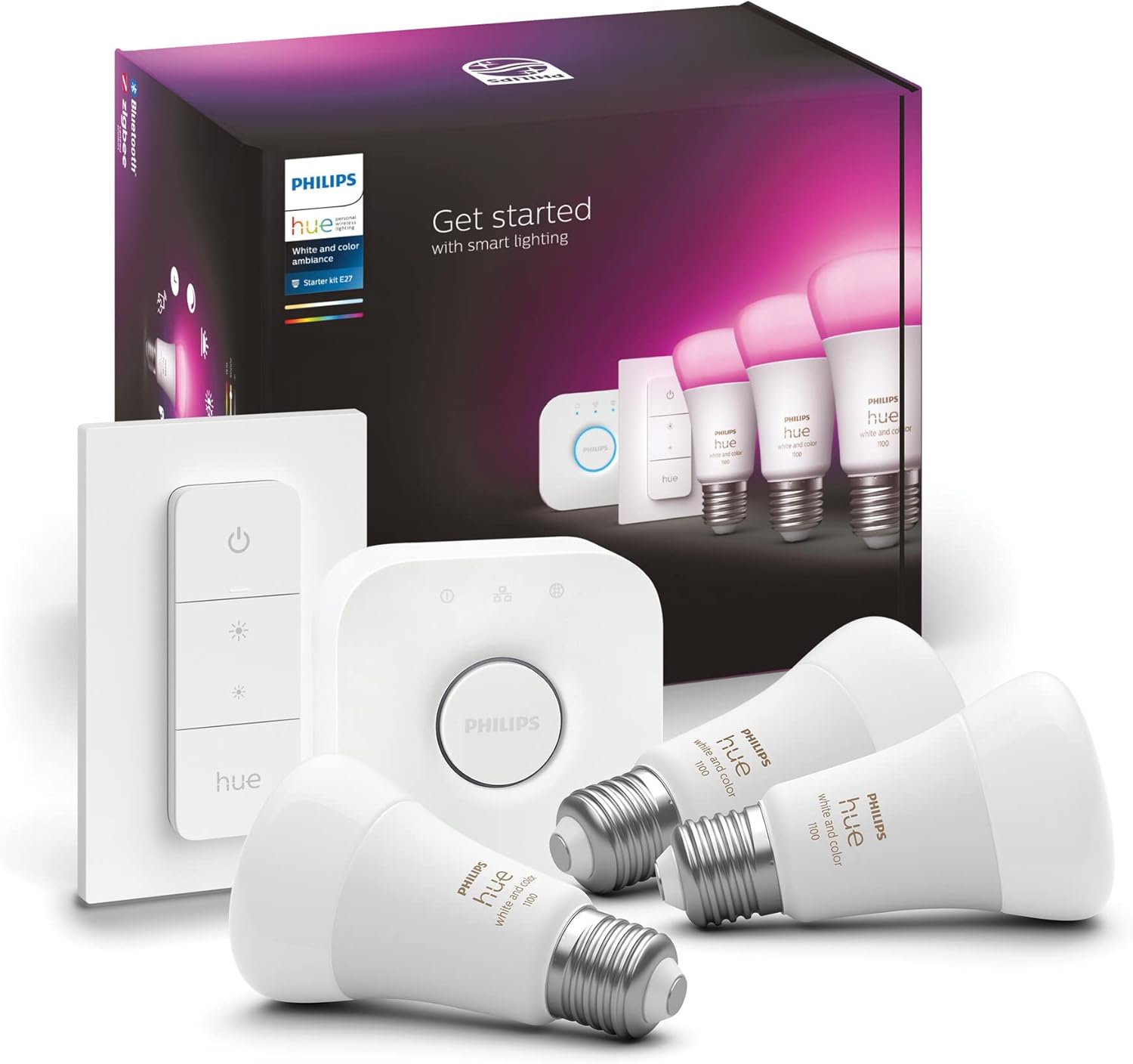 3x Żarówka LED E27 A60 11W = 75W 1055lm 2000-6500K CCT + RGB SMART Inteligentna Bluetooth ZigBee White and Color Ambiance + Mostek Bridge + Regulator PILOT Zestaw Startowy Philips HUE - główne zdjęcie produktu