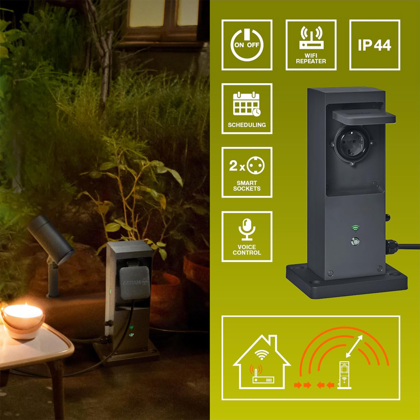 Słupek Zasilający 2x Gniazdka Wzmacniacz Sygnału Zewnętrzny Osram IP44 SMART WiFi - druga cecha produktu
