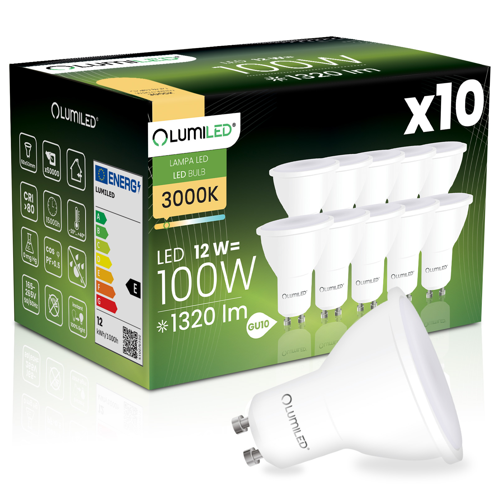 10x Żarówka LED GU10 Reflektor PAR16 12W = 100W 1320LM 3000K Ciepła 120° LUMILED - główne zdjęcie produktu