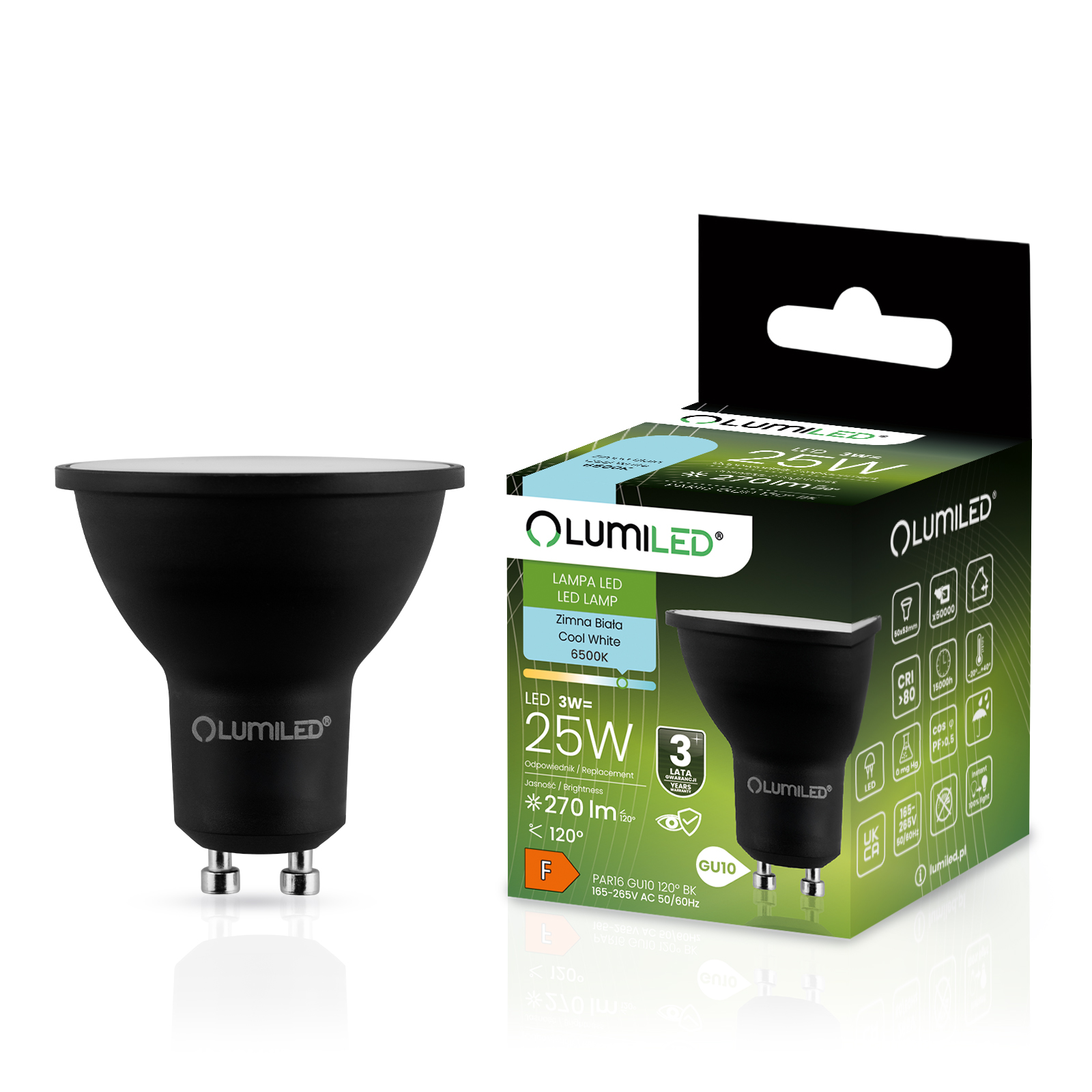 Żarówka LED GU10 Reflektor PAR16 3W = 25W 270lm 6500K Zimna 120° Czarna LUMILED - główne zdjęcie produktu