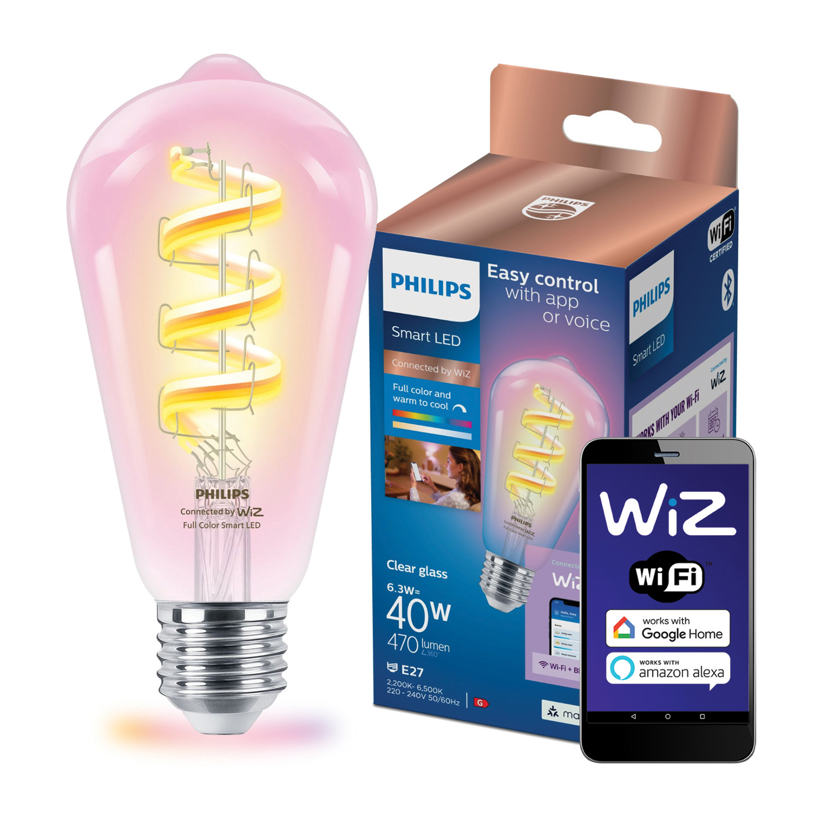 Żarówka LED E27 Edison ST64 6.3W = 40W 470lm 2200-6500K RGB + TW FILAMENT Inteligentna SMART WiFi Bluetooth Aplikacja WiZ Philips - główne zdjęcie produktu