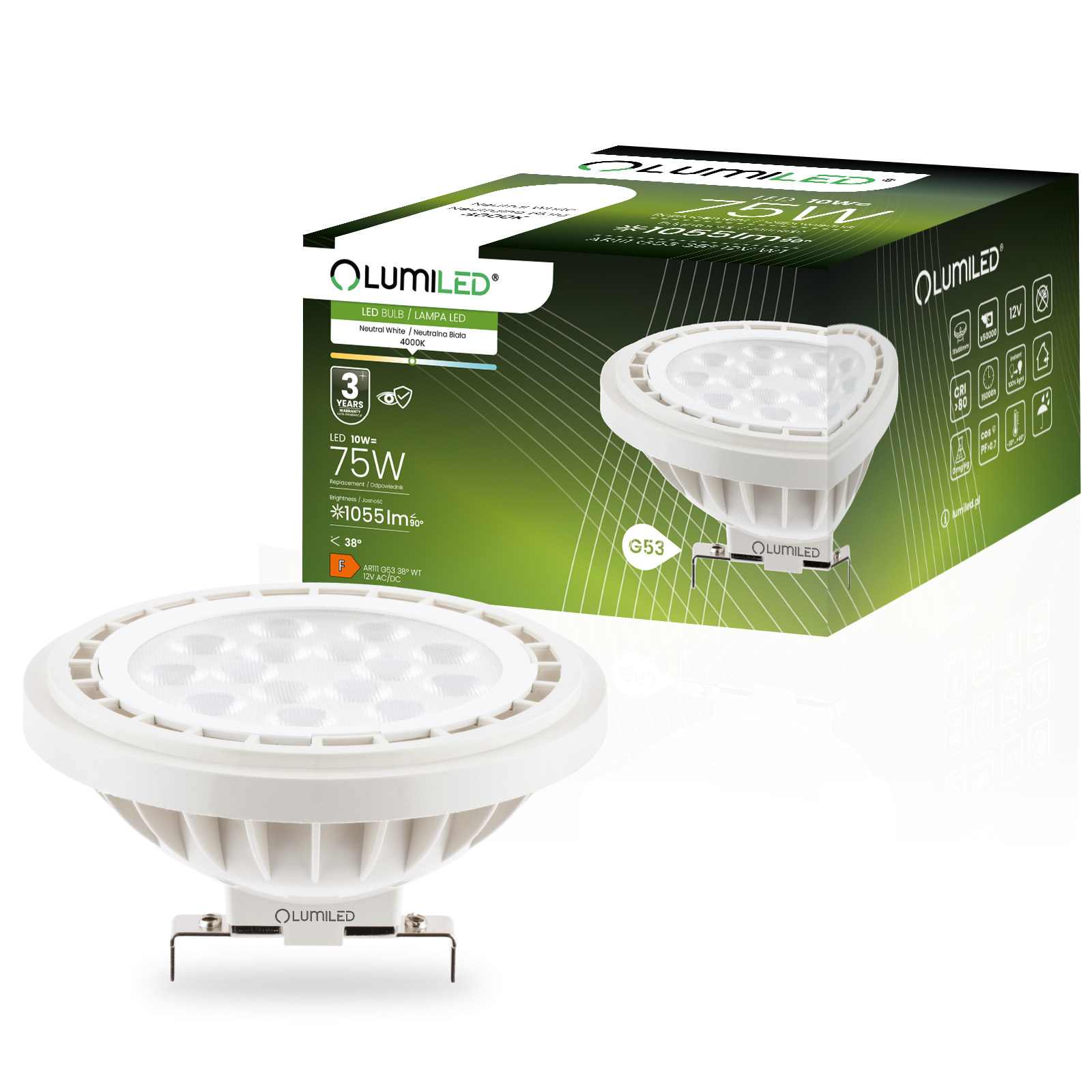 Żarówka LED G53 Reflektor AR111 10W = 75W 1055lm 4000K Neutralna 38° 12V LUMILED - główne zdjęcie produktu