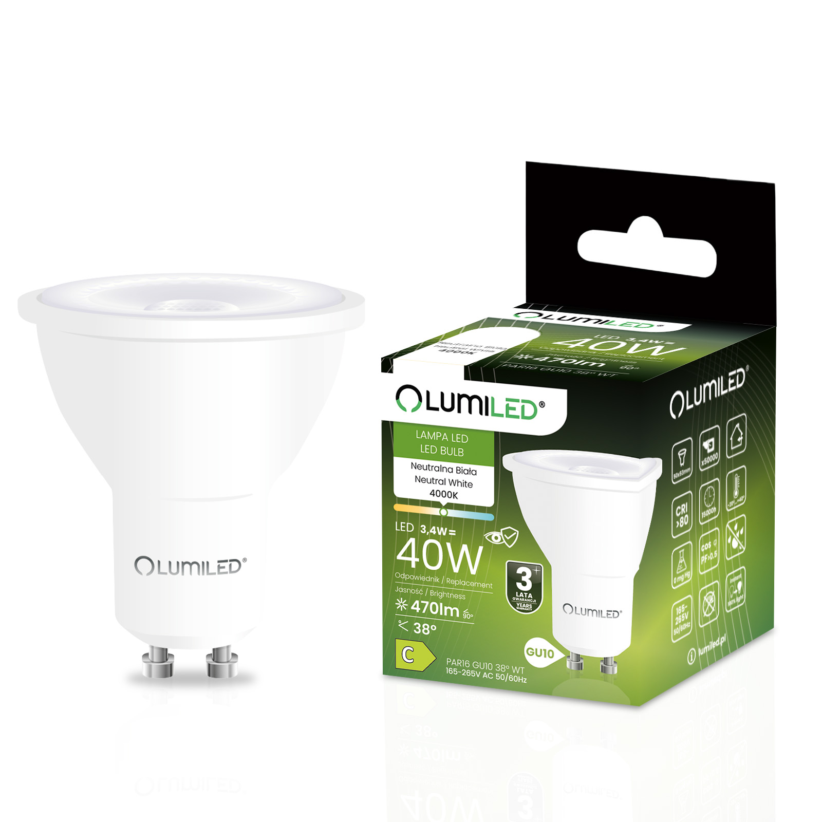 Żarówka LED GU10 Reflektor PAR16 3,4W = 40W 470lm 4000K Neutralna 38° LUMILED - główne zdjęcie produktu