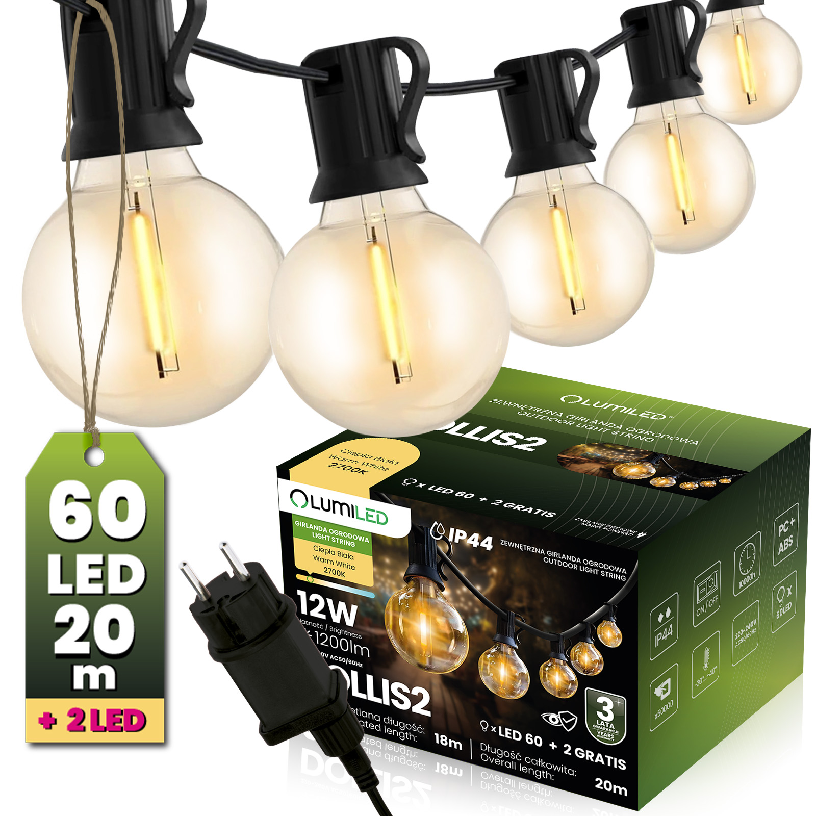 Girlanda Ogrodowa Zewnętrzna Łańcuch Świetlny 20m 60x LED + 2 Żarówki 12W Ciepła 2700K DOLLIS2 LUMILED - główne zdjęcie produktu