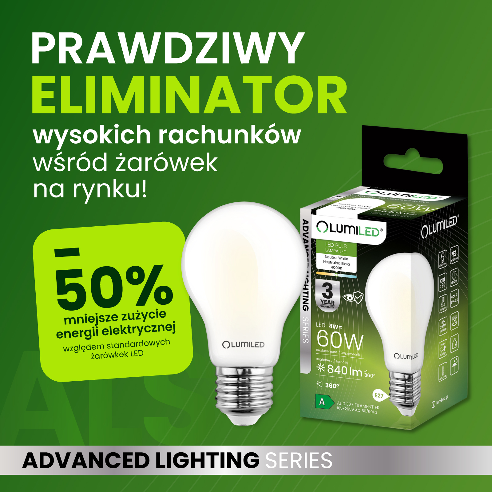 6x Żarówka LED E27 A60 4W = 60W 840lm 4000K Neutralna 360° FILAMENT LUMILED - pierwsza cecha produktu