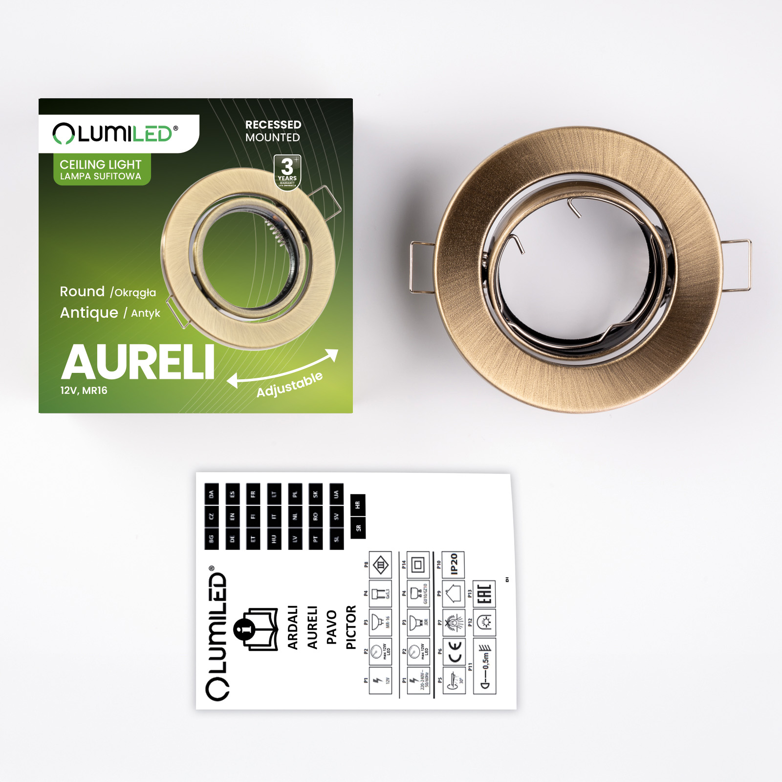 Oprawa HALOGENOWA Podtynkowa Ruchoma Okrągła AURELI Antyk Blacha MR16 GU10 - skład produktu