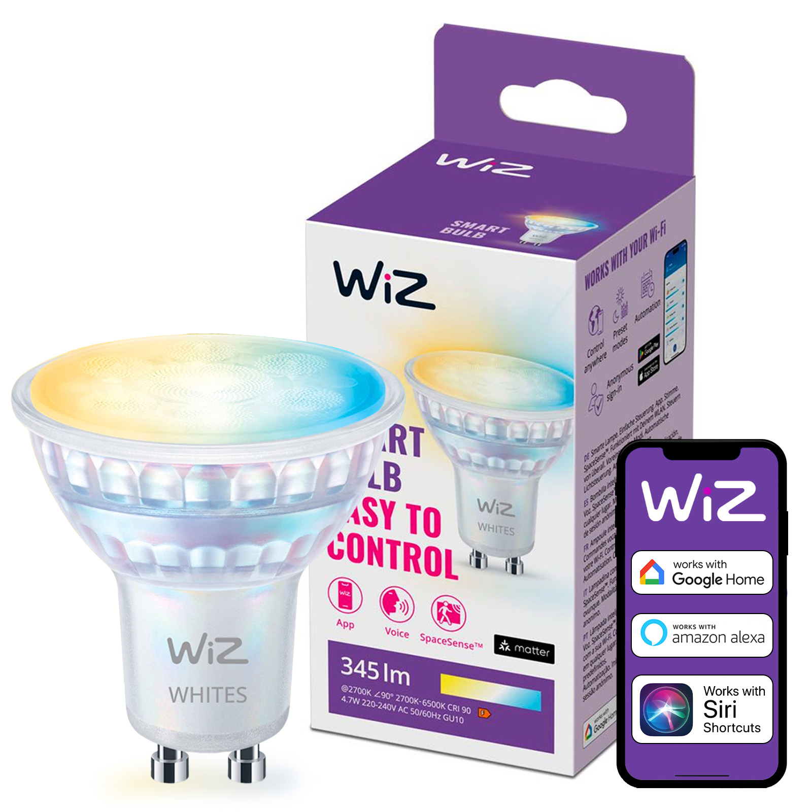 Żarówka LED GU10 Reflektor PAR16 4.7W = 50W 345lm 2700-6500K TW Inteligentna SMART WiFi Bluetooth Aplikacja WiZ - główne zdjęcie produktu