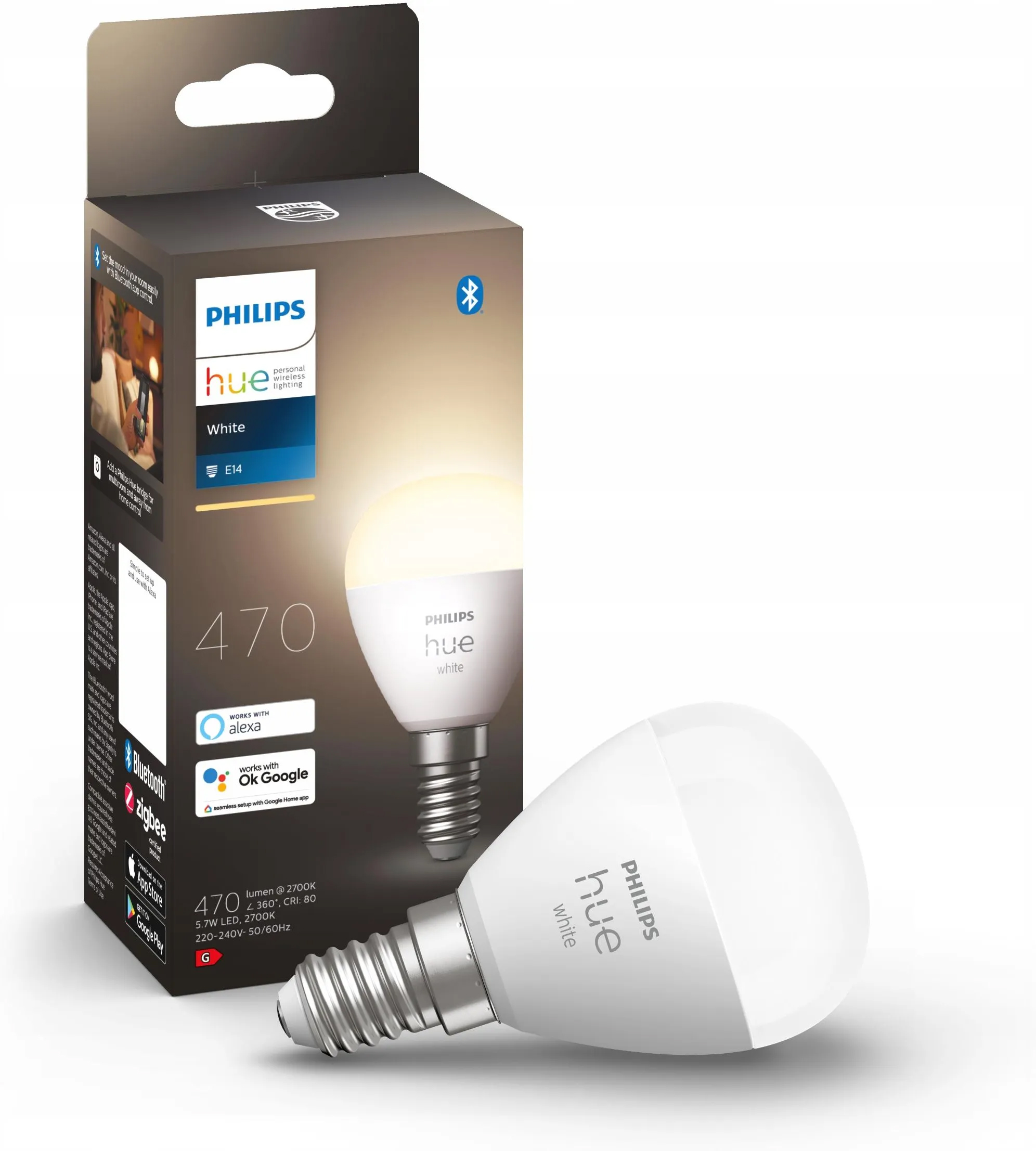 Żarówka LED E14 Kulka P45 5.7W = 40W 470lm 2700K Biała Ciepła SMART Inteligentna Bluetooth ZigBee White Philips HUE - główne zdjęcie produktu