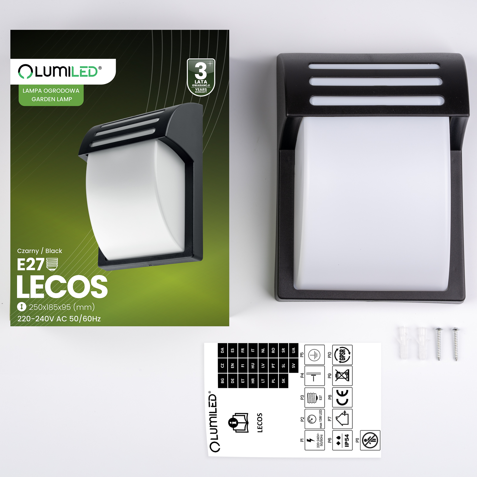 Lampa Ogrodowa Zewnętrzna Ścienna Kinkiet Elewacyjny E27 LED 25cm LECOS LUMILED - skład produktu