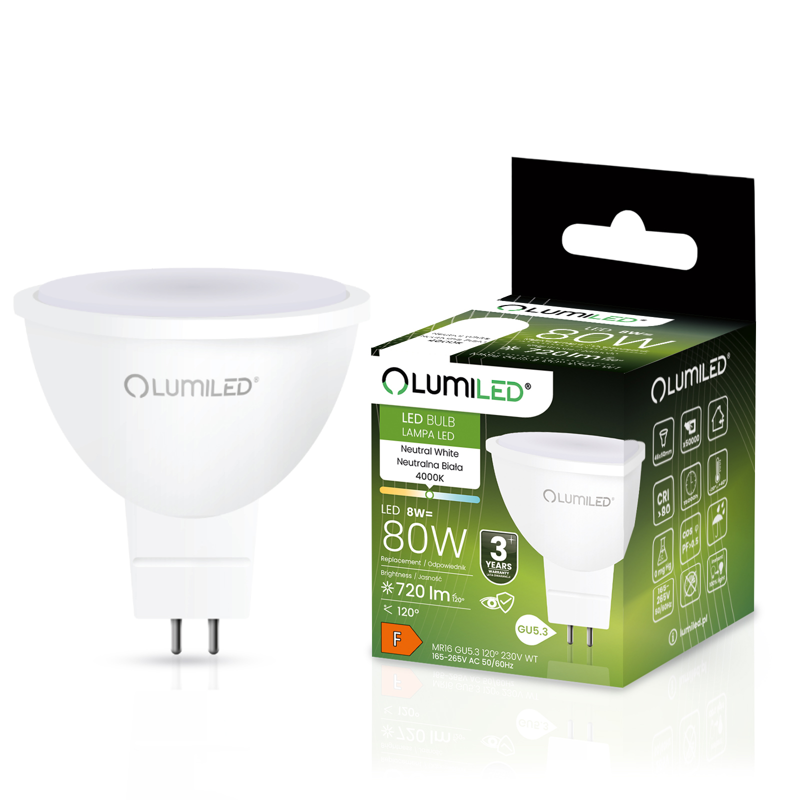 Żarówka LED GU5.3 Reflektor MR16 8W = 80W 720lm 4000K Neutralna 120° LUMILED - główne zdjęcie produktu