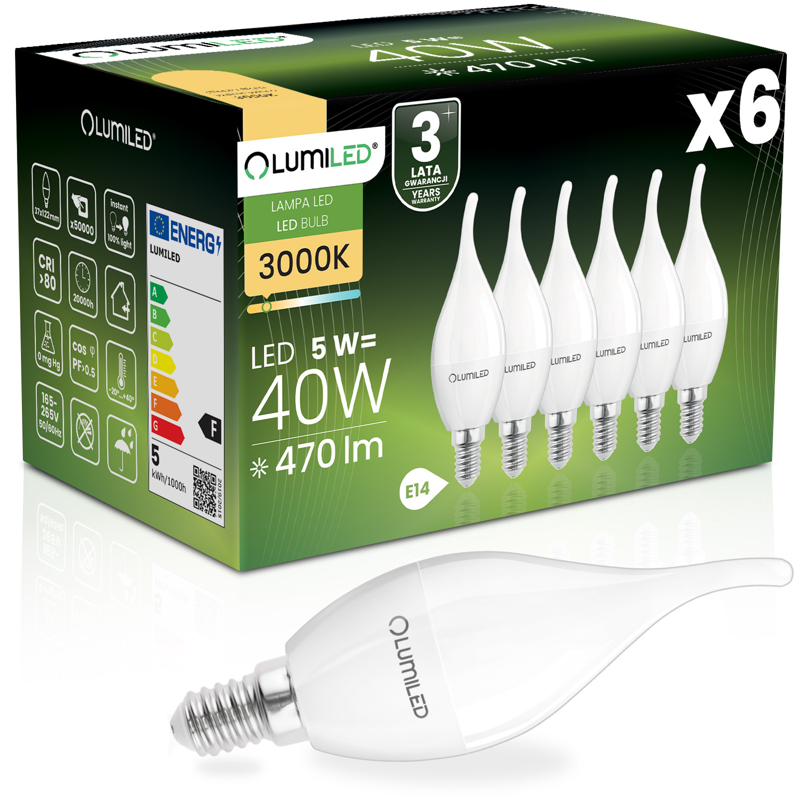 6x Żarówka LED E14 Świeczka BA35 5W = 40W 470lm 3000K Ciepła 180° LUMILED - główne zdjęcie produktu