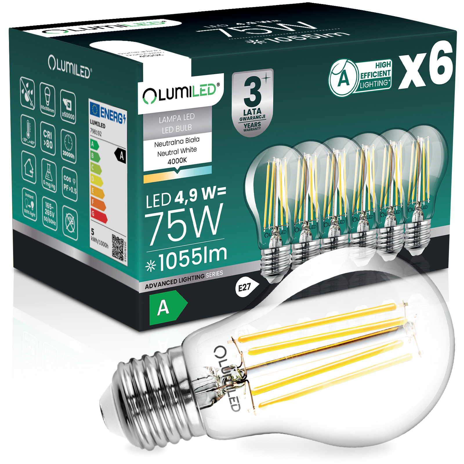 6x Żarówka LED E27 A60 4,9W 1055lm = 75W 4000K Neutralna 360° Filament KLASA A LUMILED - główne zdjęcie produktu