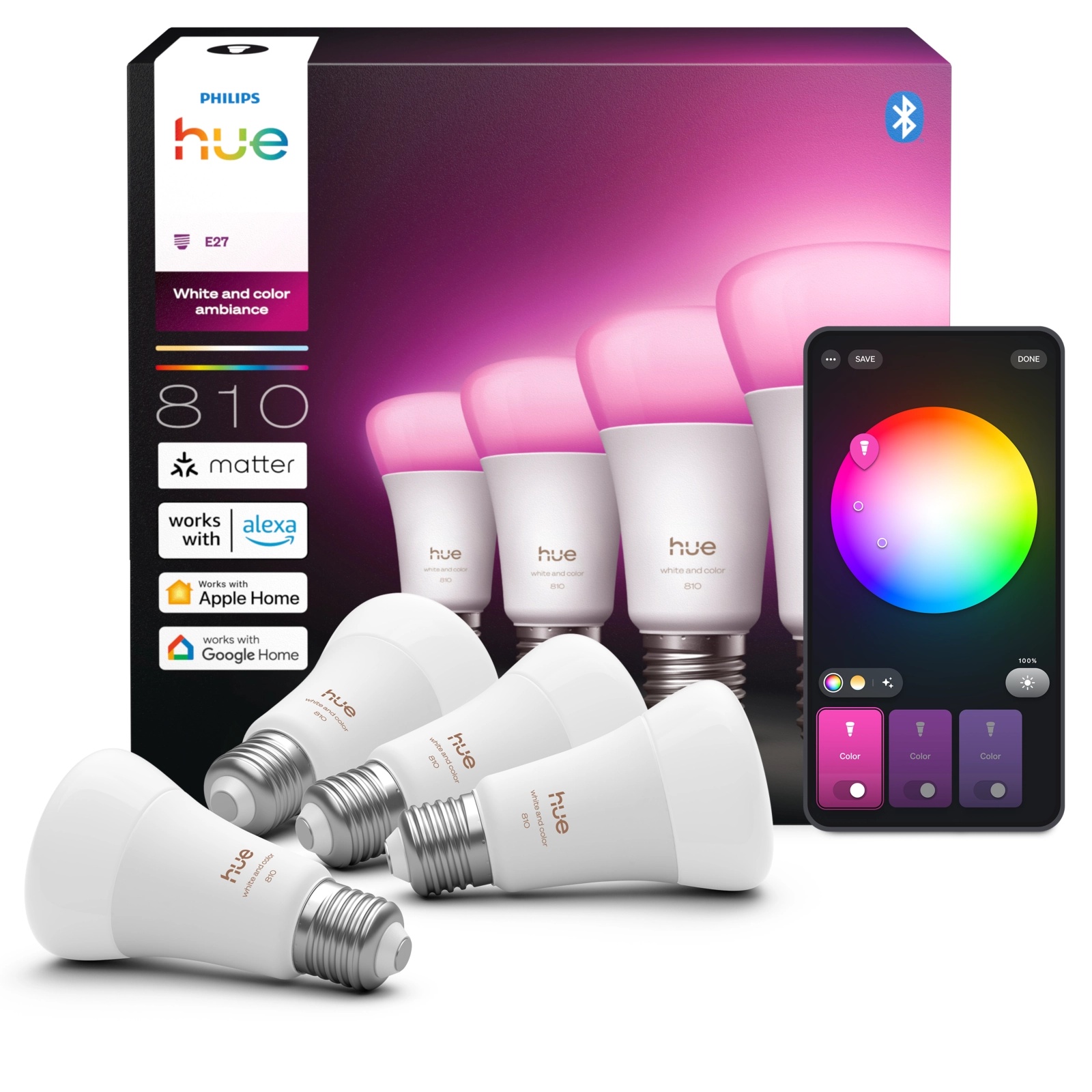 4x Żarówka LED E27 A60 6W = 60W 810lm 1800-20000K CCT + RGB SMART Inteligentna Bluetooth ZigBee White and Color Ambiance Philips HUE - główne zdjęcie produktu