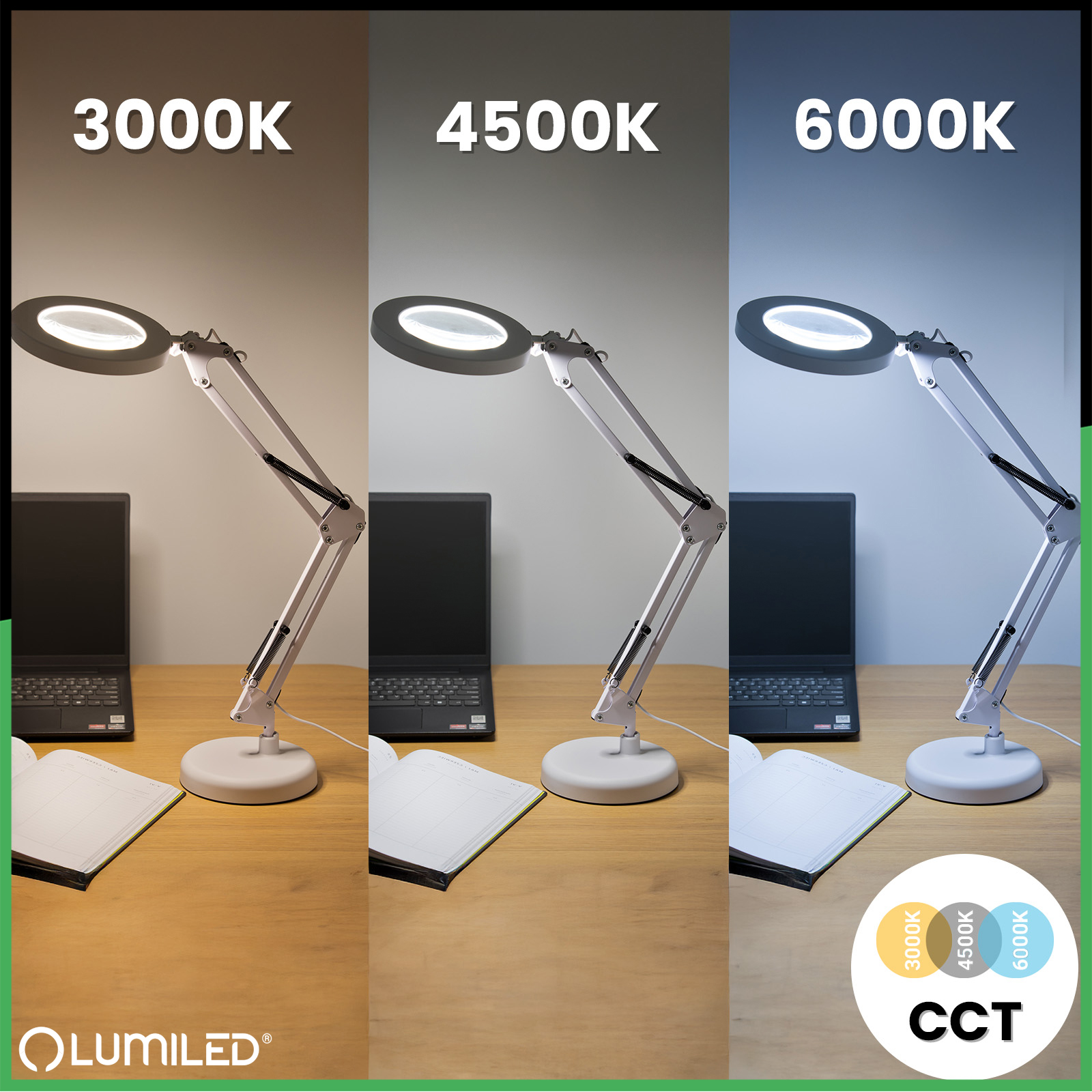 Lampka Biurkowa LED 8W CCT Kreślarska Stołowa 3x Szkło Powiększające Lupa LUCA 2 Biała LUMILED - pierwsza cecha produktu