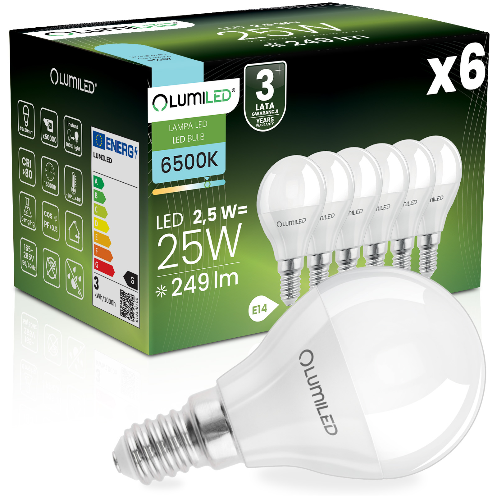 6x Żarówka LED E14 Kulka P45 2,5W = 25W 249lm 6500K Zimna 180° LUMILED - główne zdjęcie produktu