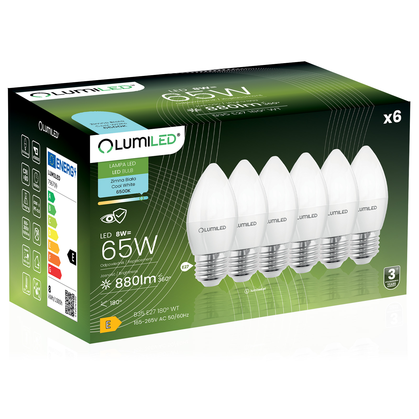 6x Żarówka LED E27 Świeczka B35 8W = 65W 880lm 6500K Zimna 180° LUMILED - główne zdjęcie produktu