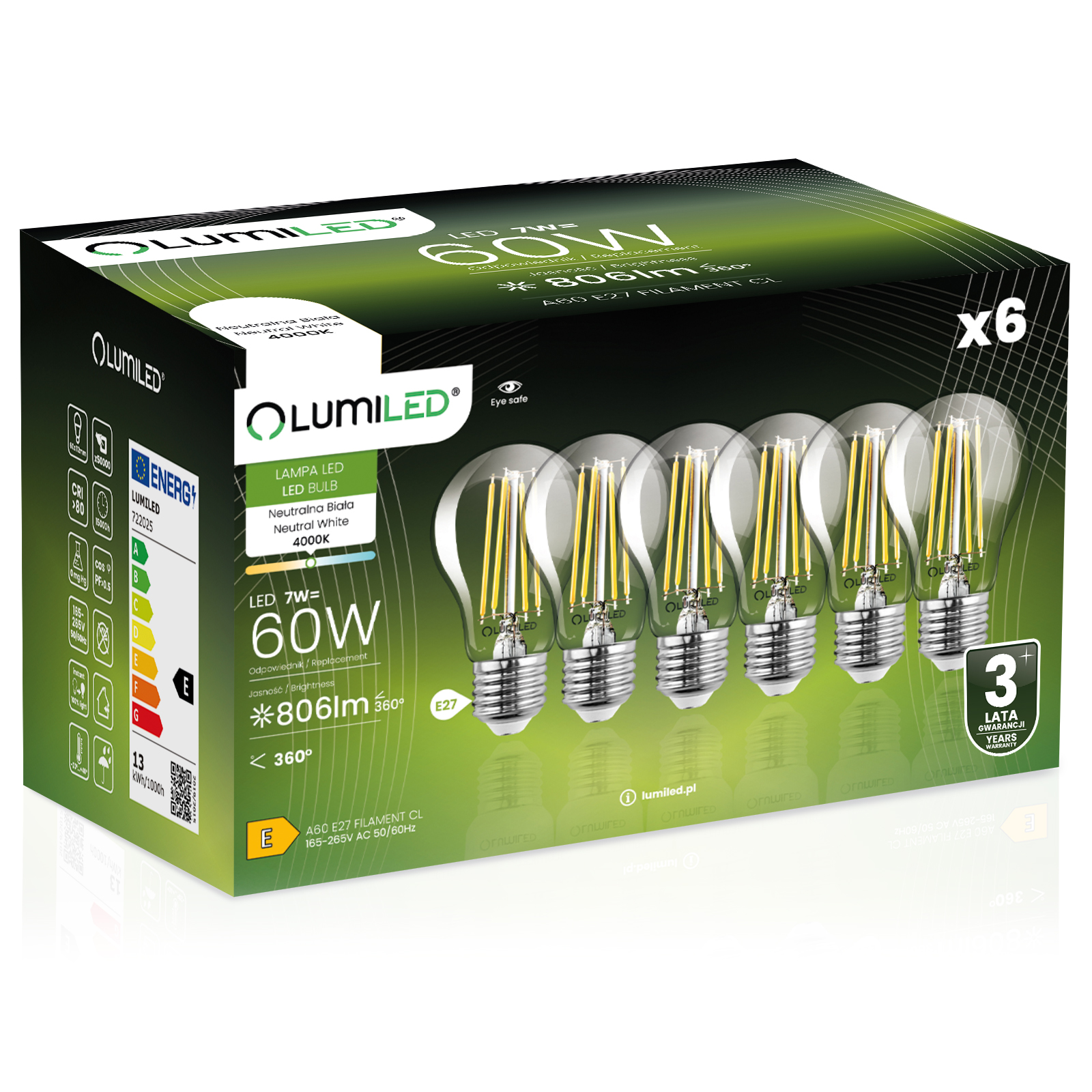 6x Żarówka LED E27 A60 7W = 60W 806lm 4000K Neutralna 360° FILAMENT LUMILED - główne zdjęcie produktu
