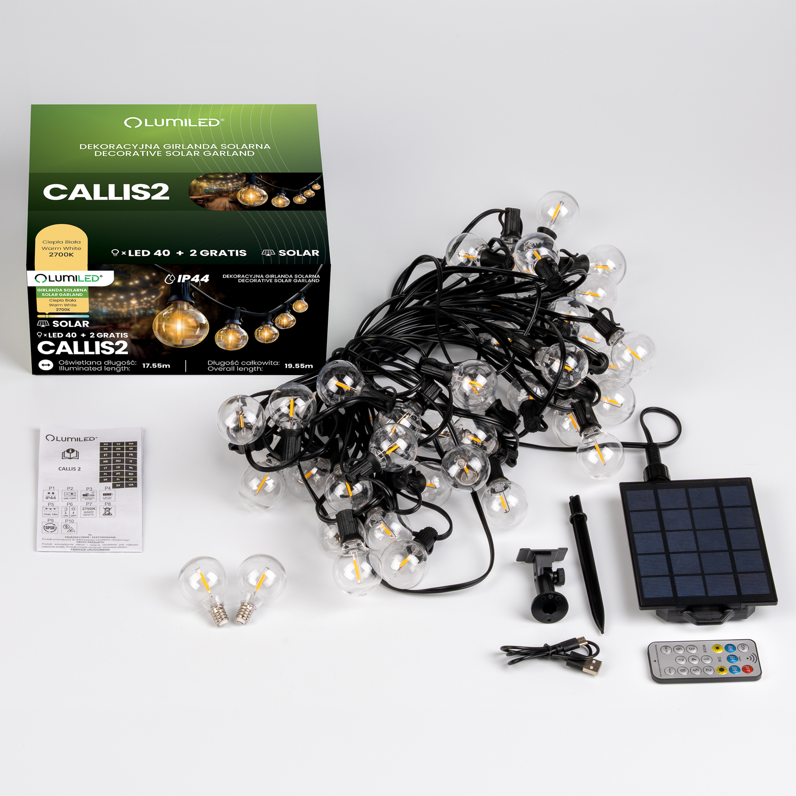 Girlanda Solarna Ogrodowa 40x LED Ozdobne Kuleczki 19,55m 2700K Ciepła + Pilot CALLIS2 LUMILED - skład produktu