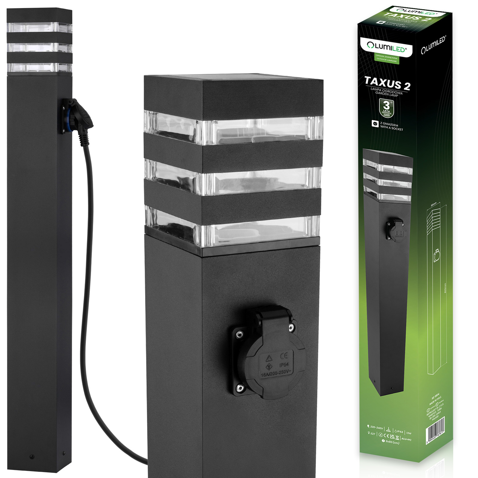 Lampa Ogrodowa Słupek Zewnętrzny Stojący E27 LED z Gniazdem TAXUS 2 80cm LUMILED - główne zdjęcie produktu