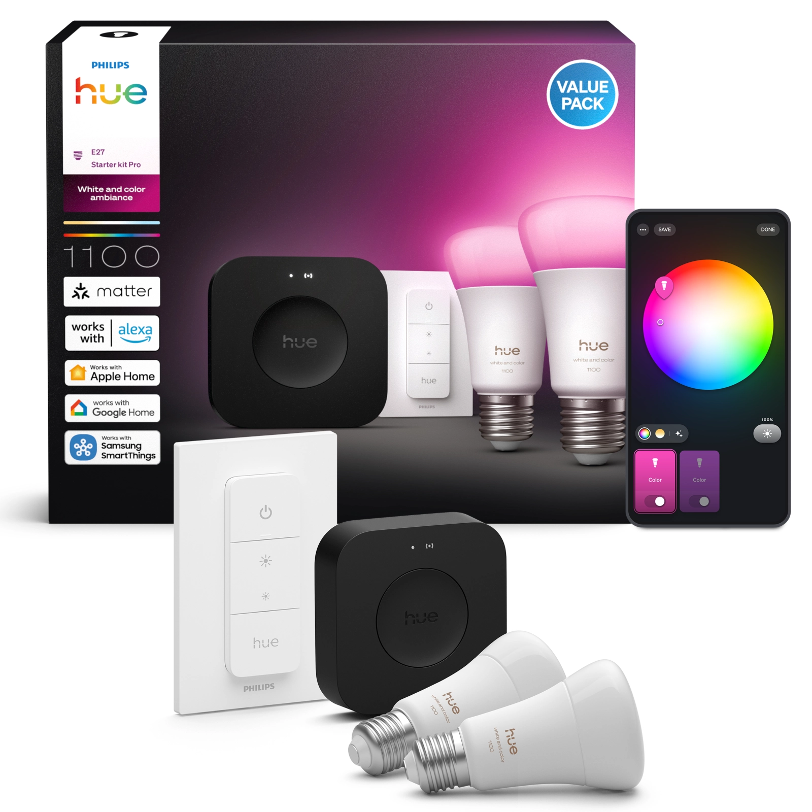 2x Żarówka LED E27 A60 8.1W = 75W 1100lm CCT + RGB SMART Inteligentna Bluetooth ZigBee White and Color Ambiance + Mostek Bridge PRO + Regulator Pilot Philips HUE - główne zdjęcie produktu