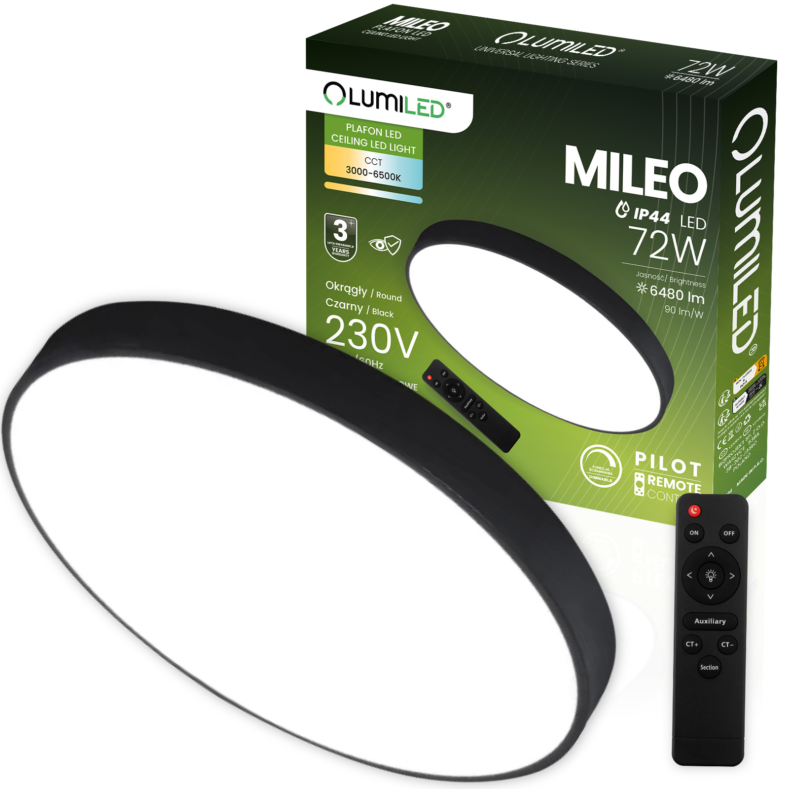 Plafon LED Lampa Sufitowa Natynkowa MILEO 72W IP44 CCT Biały Okrągły 50cm + PILOT LUMILED - główne zdjęcie produktu